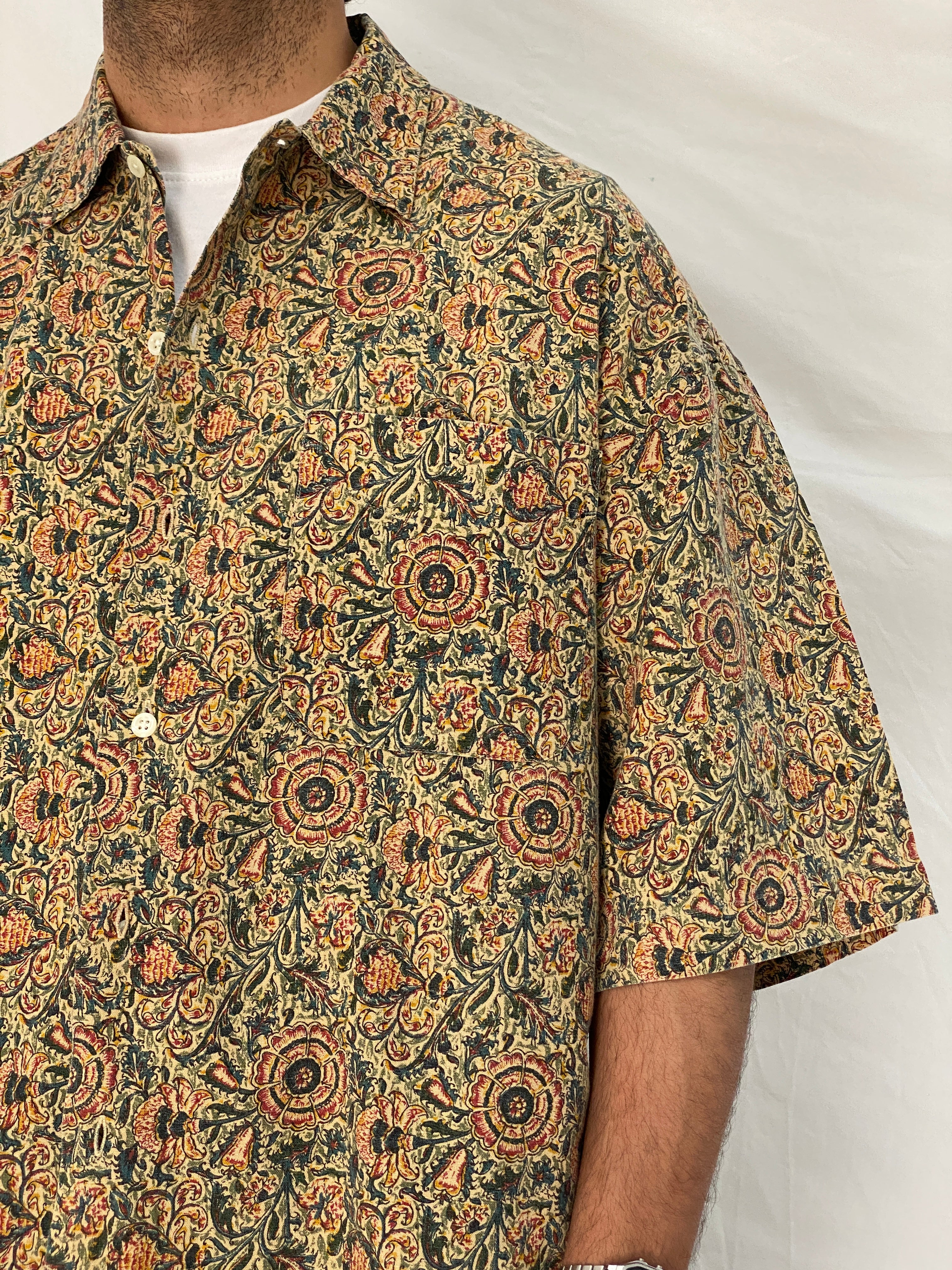 Vintage 90s Britches Floral Linen Cotton Blend Shirt Beige Botanical Button Up – XL