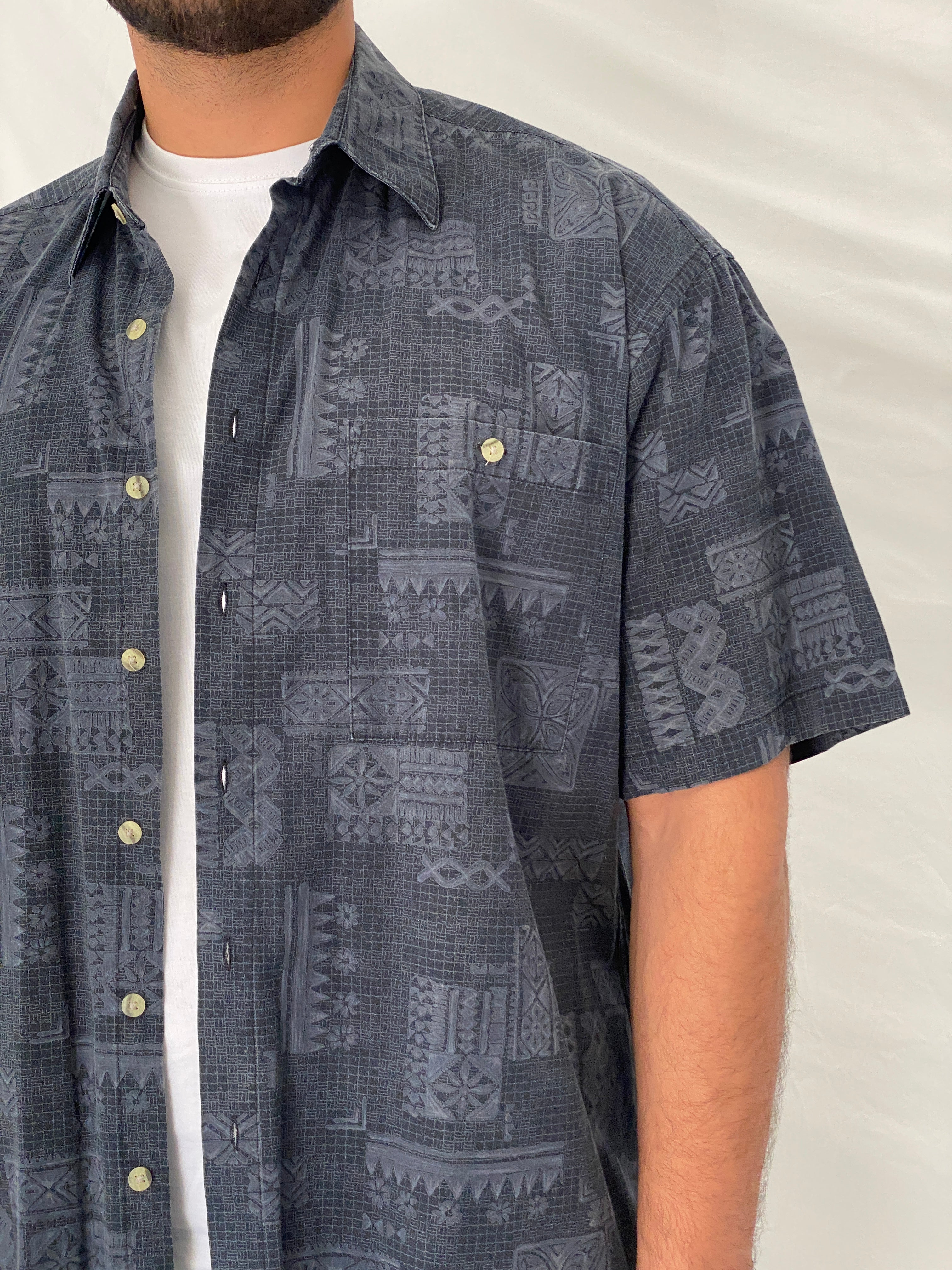 Vintage Batik Bay Navy Tribal Print Cotton Hawaiian Shirt – XL