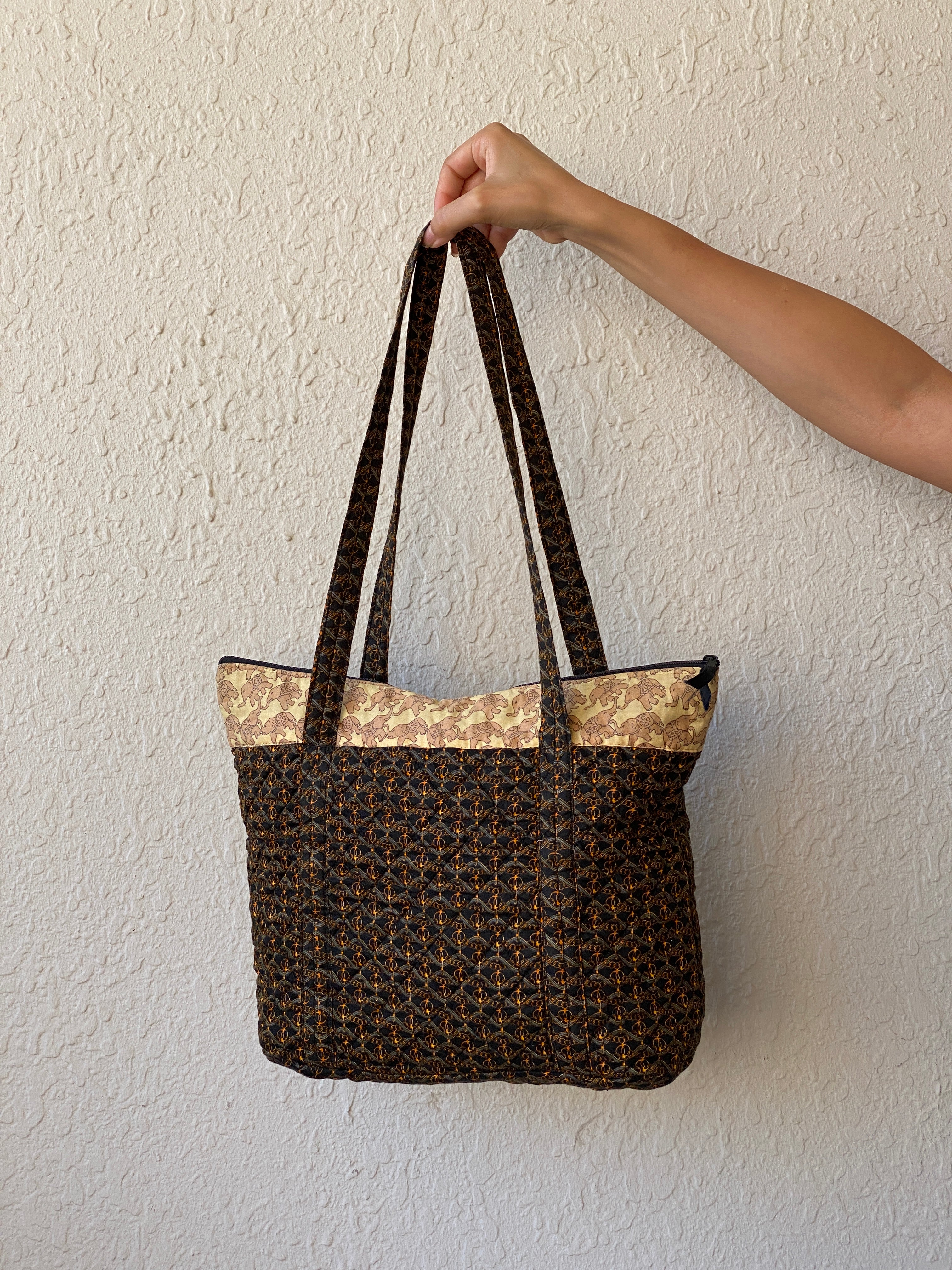 Vera Bradley Quilted Elephant Print Tote Bag Brown Shoulder Travel Bag