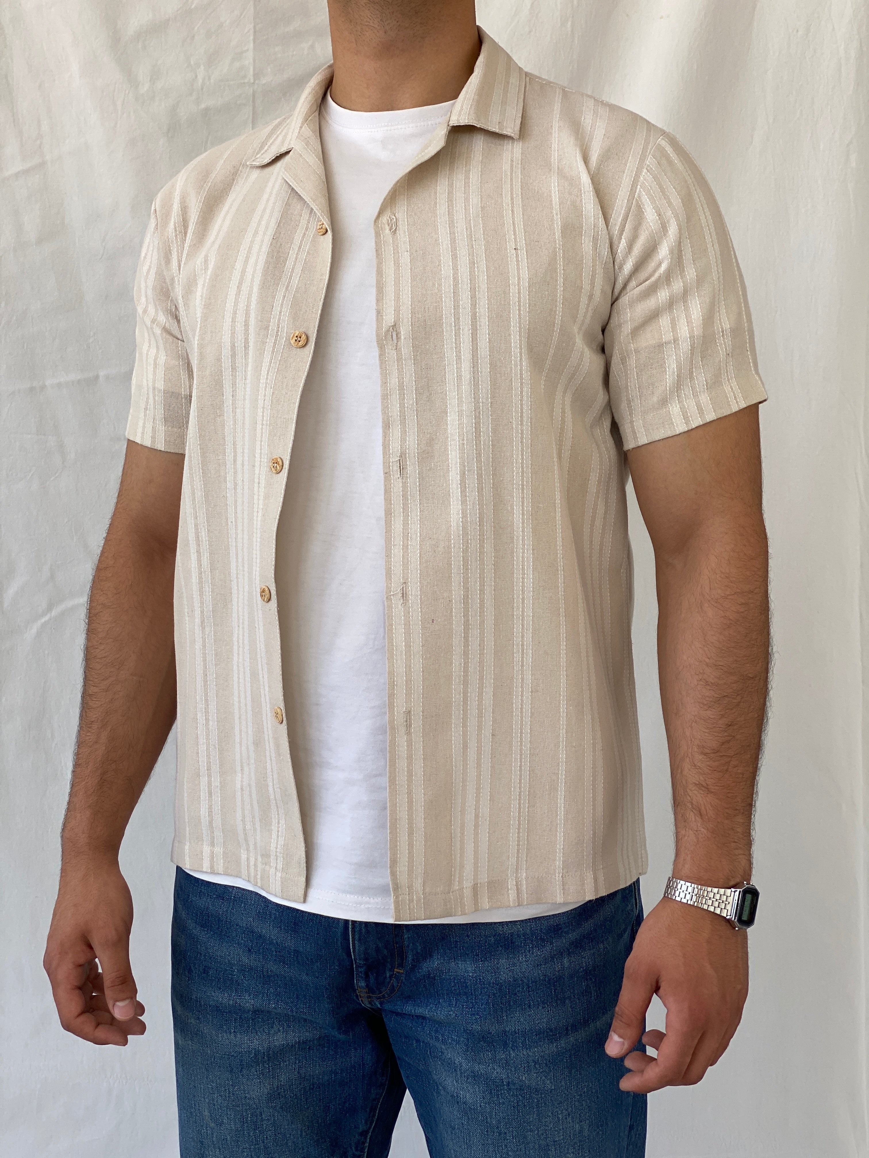 Kana Maru Striped Beige Short Sleeve Button Up Men’s Shirt - M