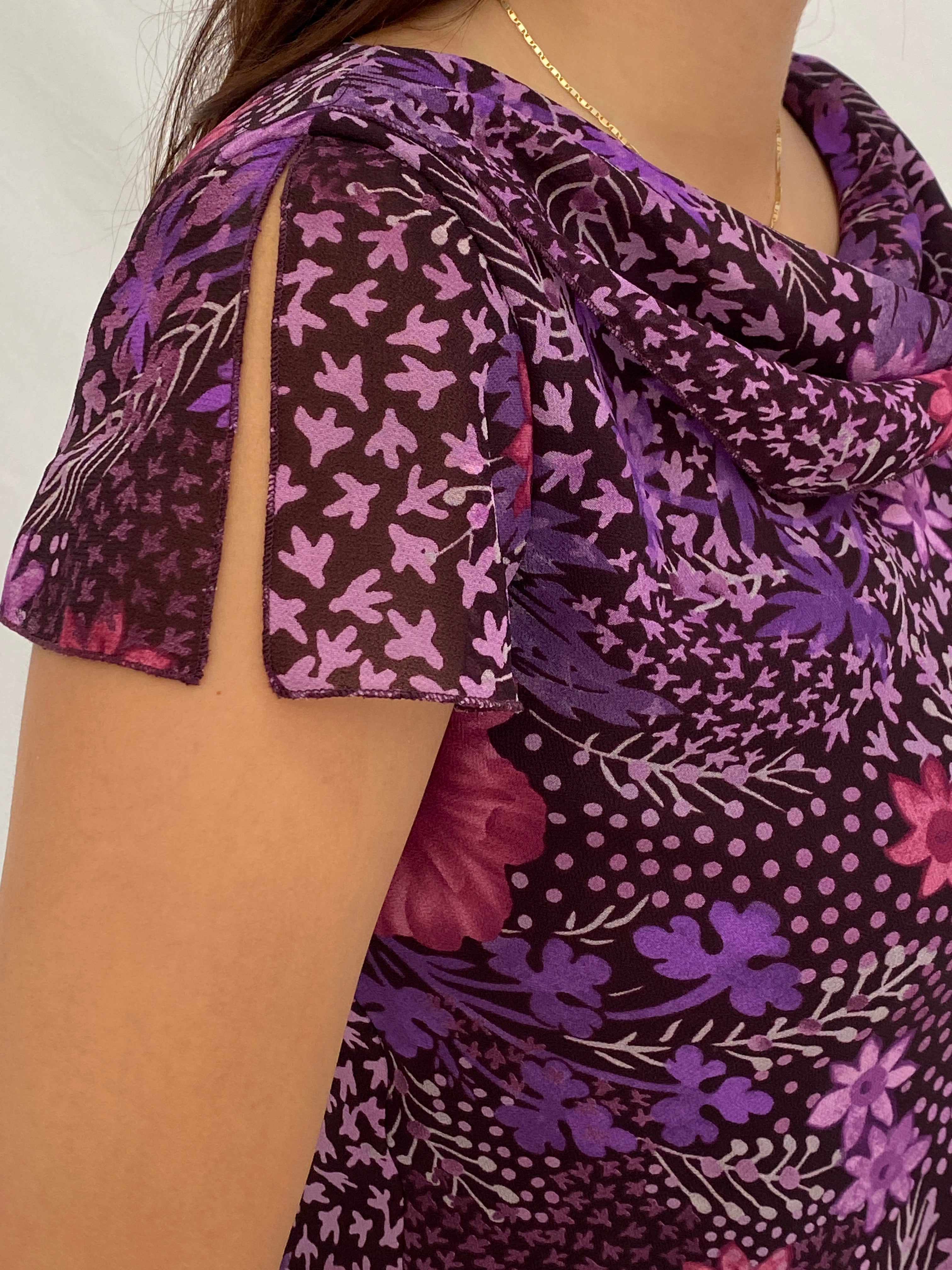 Vintage Y2K Studio I Petite Purple Floral Mesh Cowl Neck Top – M