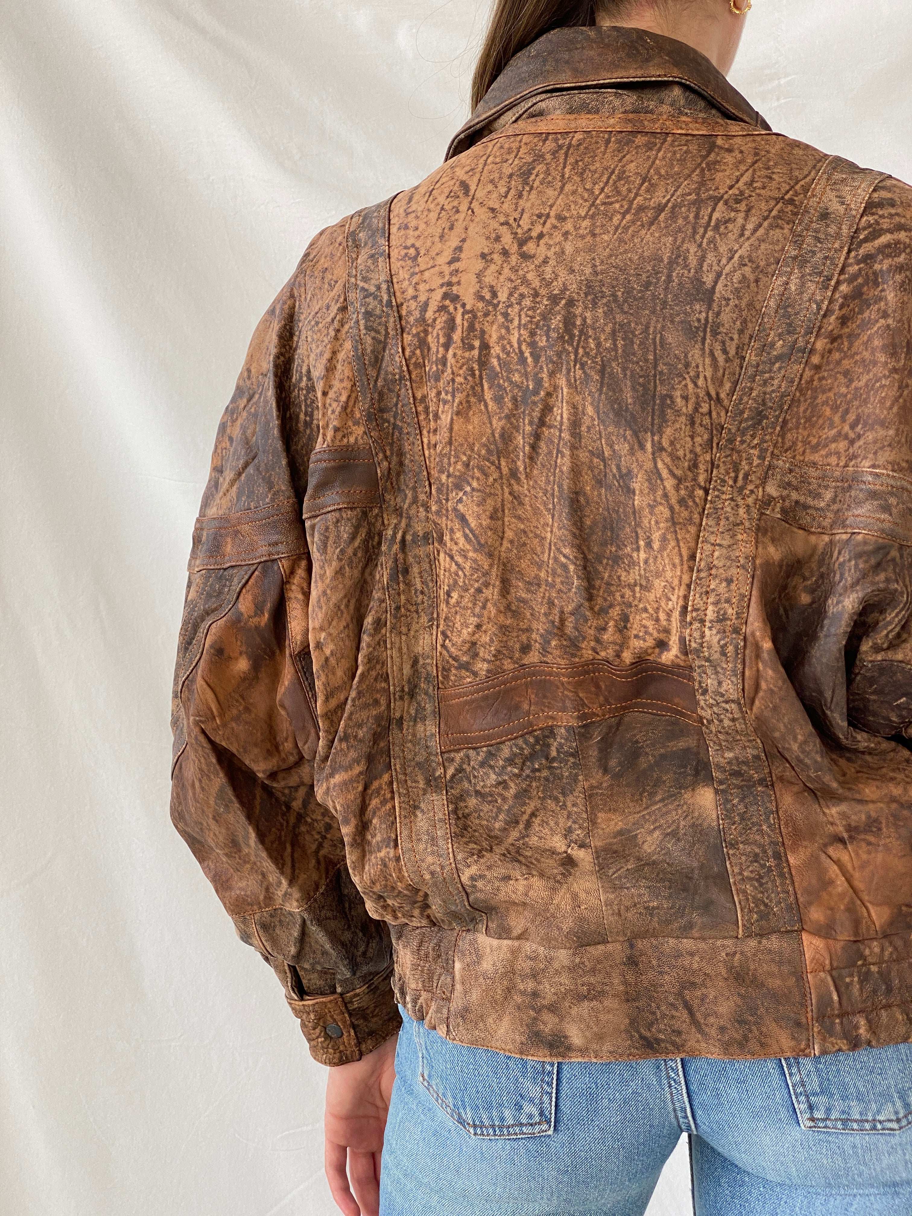 Statement Vintage 90s Distressed Brown Bomber Leather Jacket - L