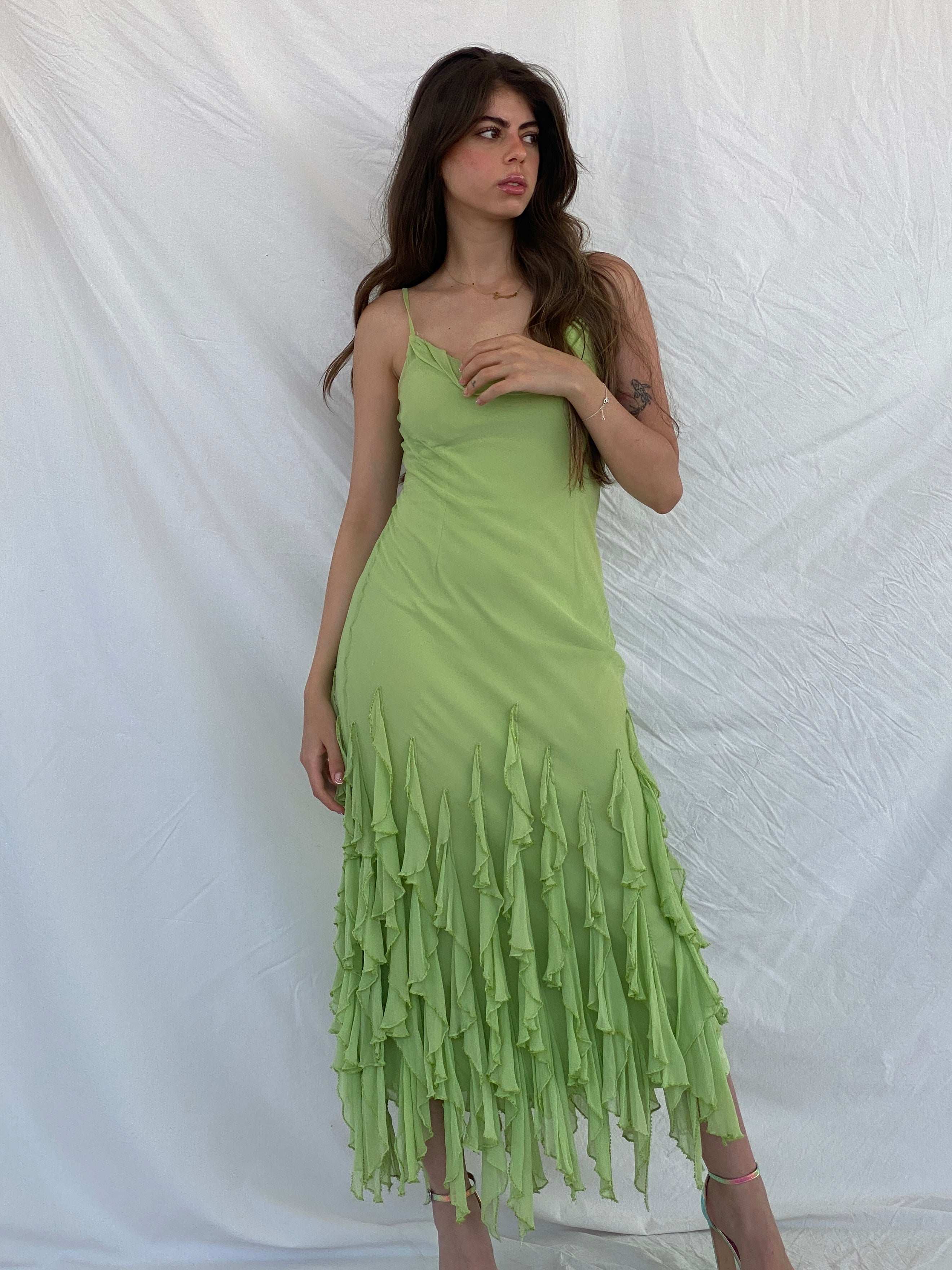 Beautiful Vintage Cici B Silk Lime Beaded Ruffle Bottom Lime Maxi Dress - M - Balagan Vintage Maxi Dress 00s, 90s, formal gown, gown, maxi dress, Mira, NEW IN, Wedding Guest