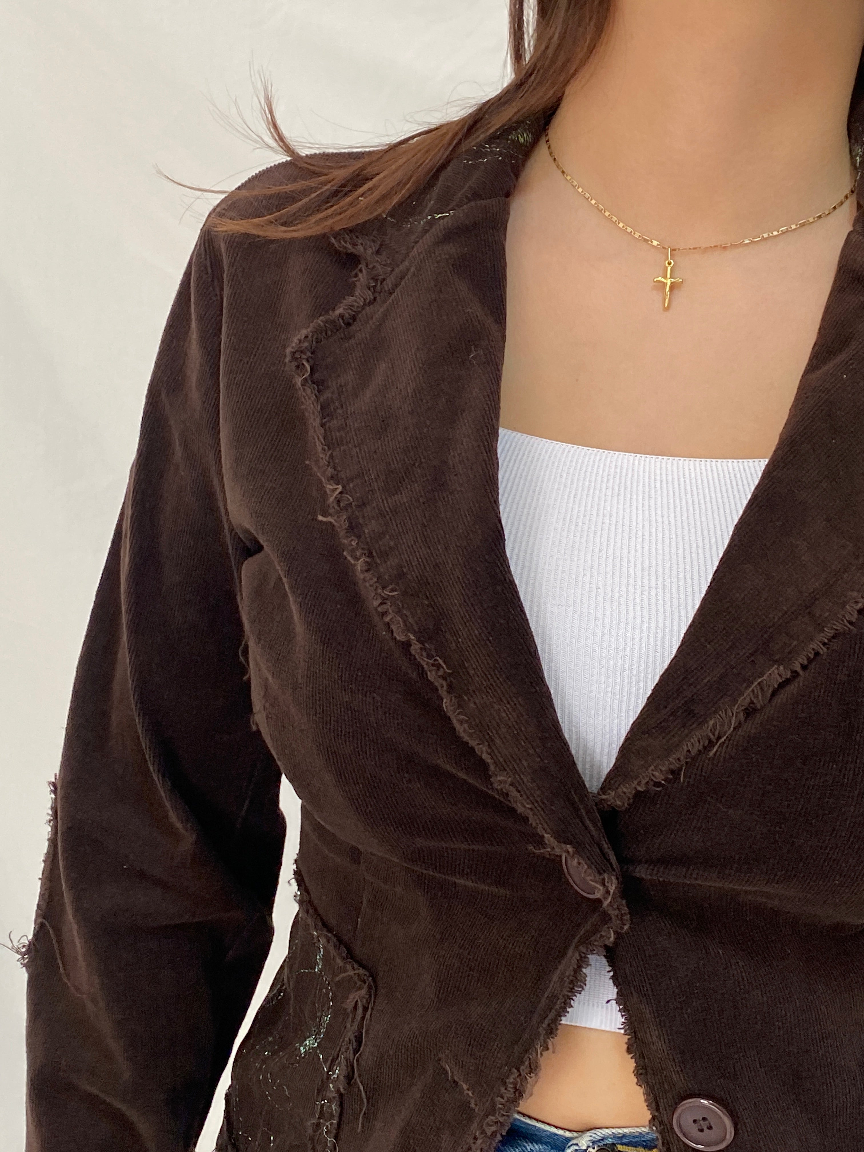 Vintage Y2K Italian Corduroy Blazer Chocolate Distressed Raw Edge Embroidered Jacket - S