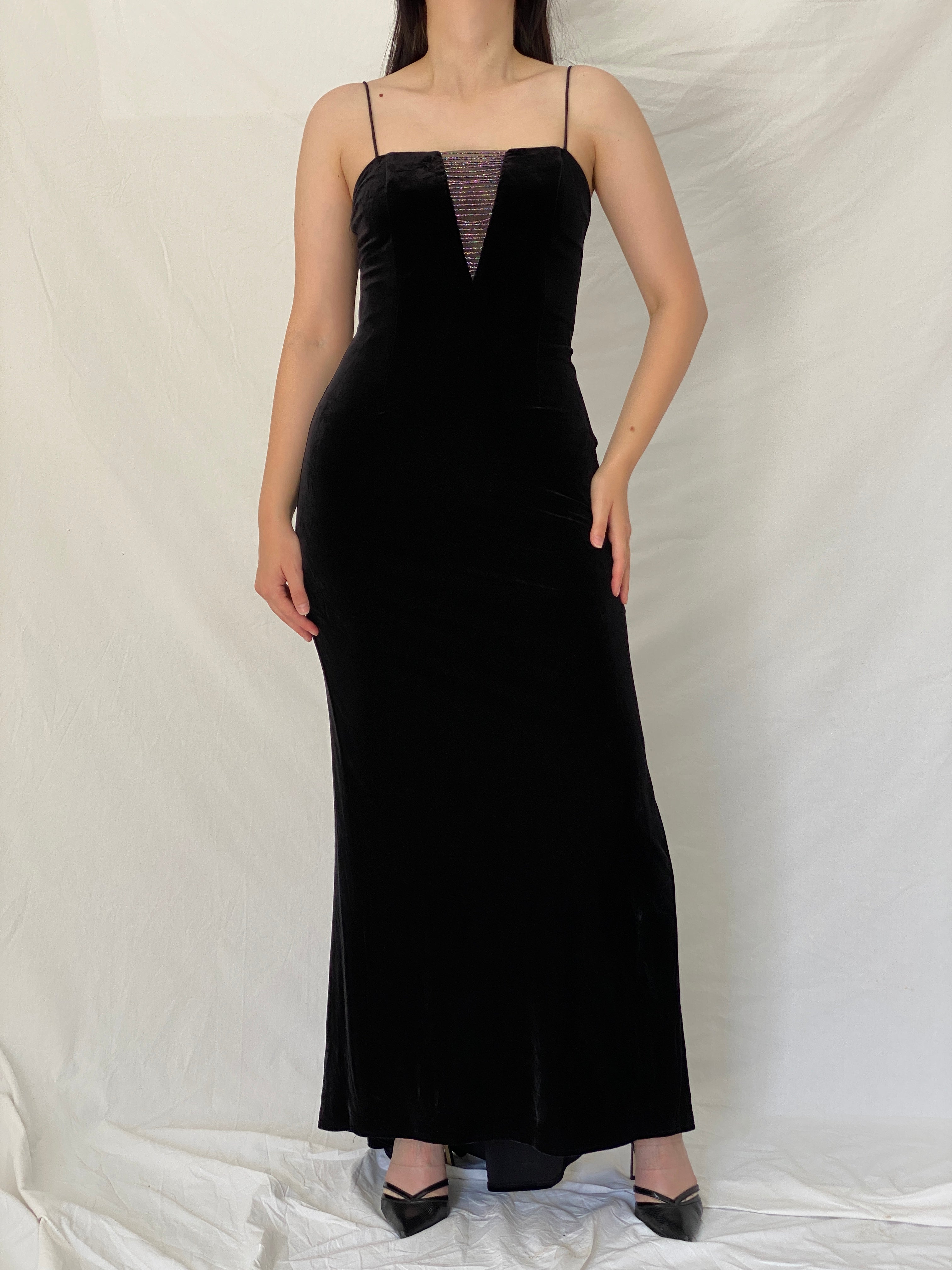 Vintage Betsey & Adam by Jaslene Black Velvet Beaded Illusion Evening Gown – S