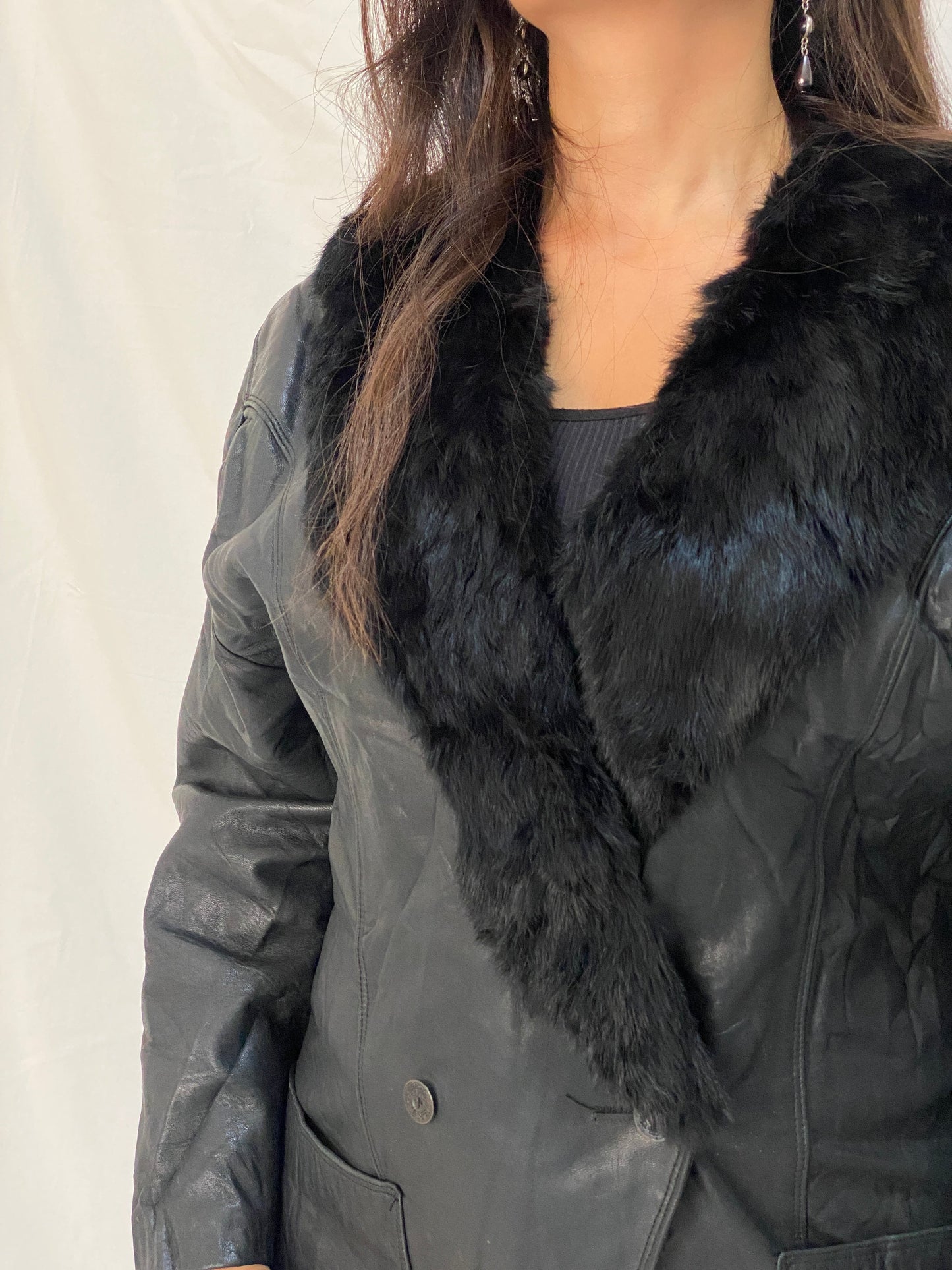 Vintage Patricia Italian Leather Coat Black Fur Collar 80s Oversized Blazer Jacket - M