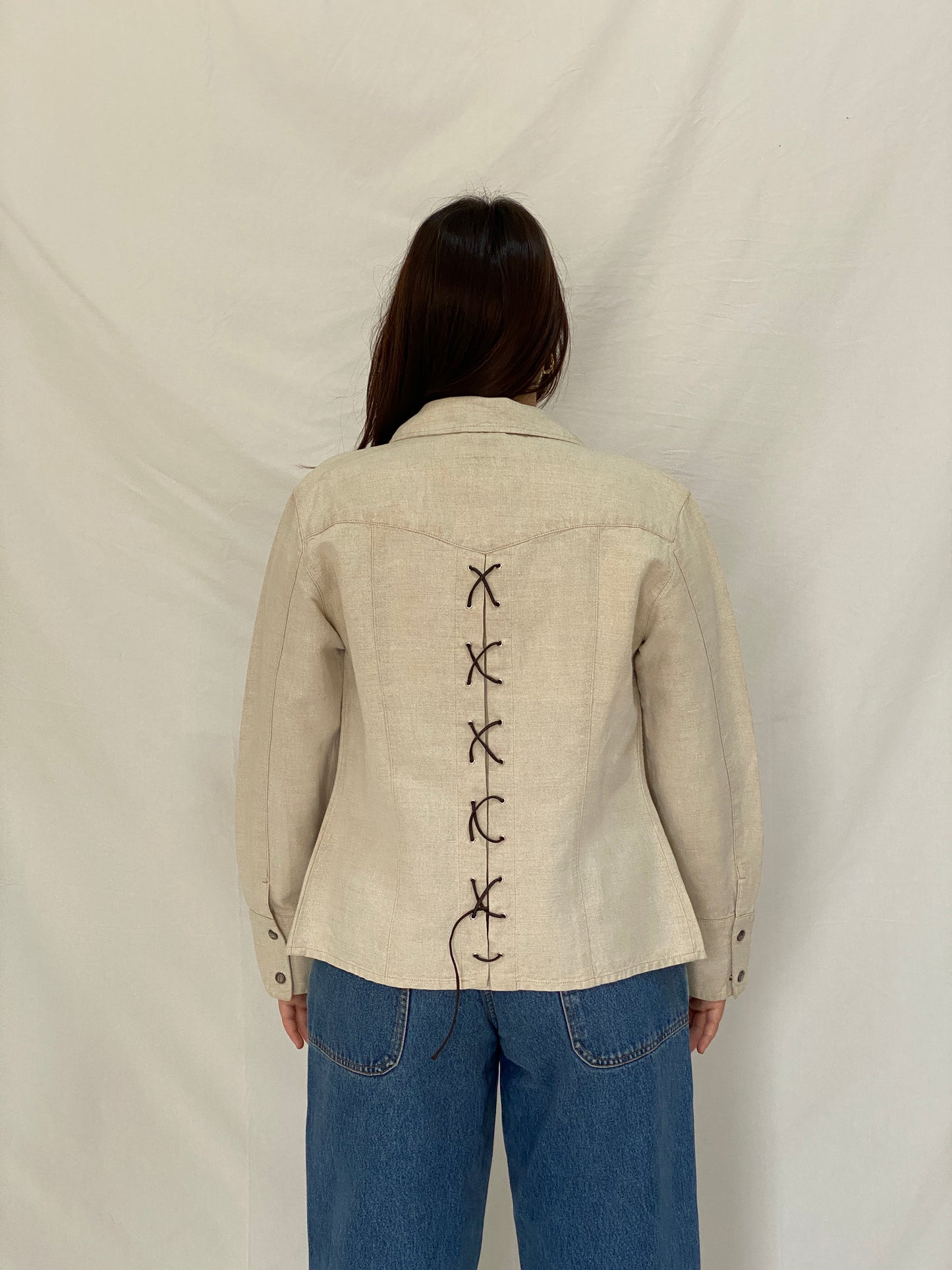 Vintage Y2K Zaffiri Beige Linen Blend Lace-Up Back Western Shirt - L