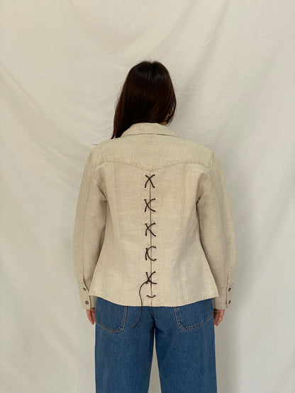 Vintage Y2K Zaffiri Beige Linen Blend Lace-Up Back Western Shirt - L