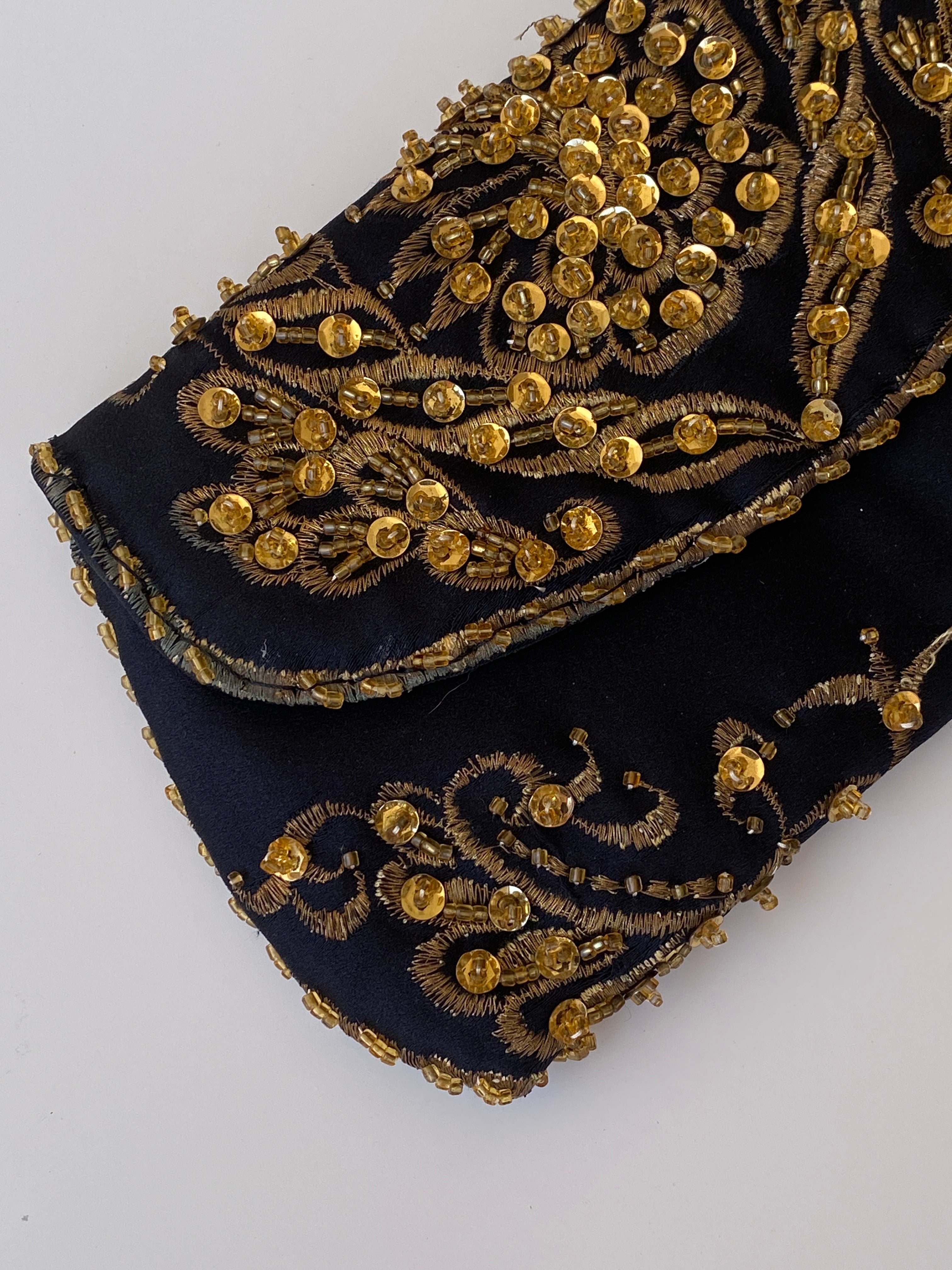 Vintage Black & Gold Beaded Embroidered Evening Mini Clutch Bag