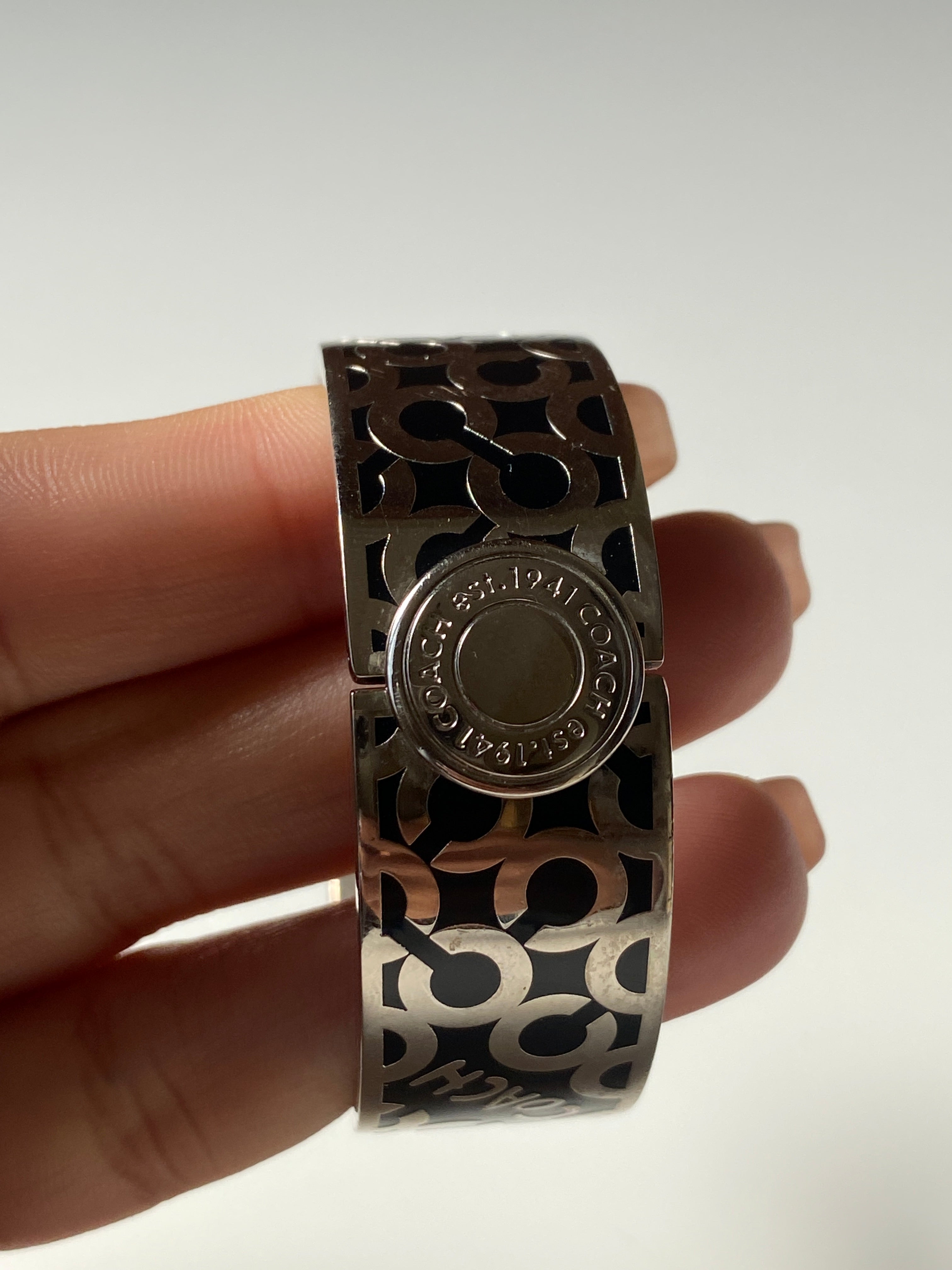 Coach Signature Enamel Logo Bangle Bracelet Silver-Tone Designer Cuff