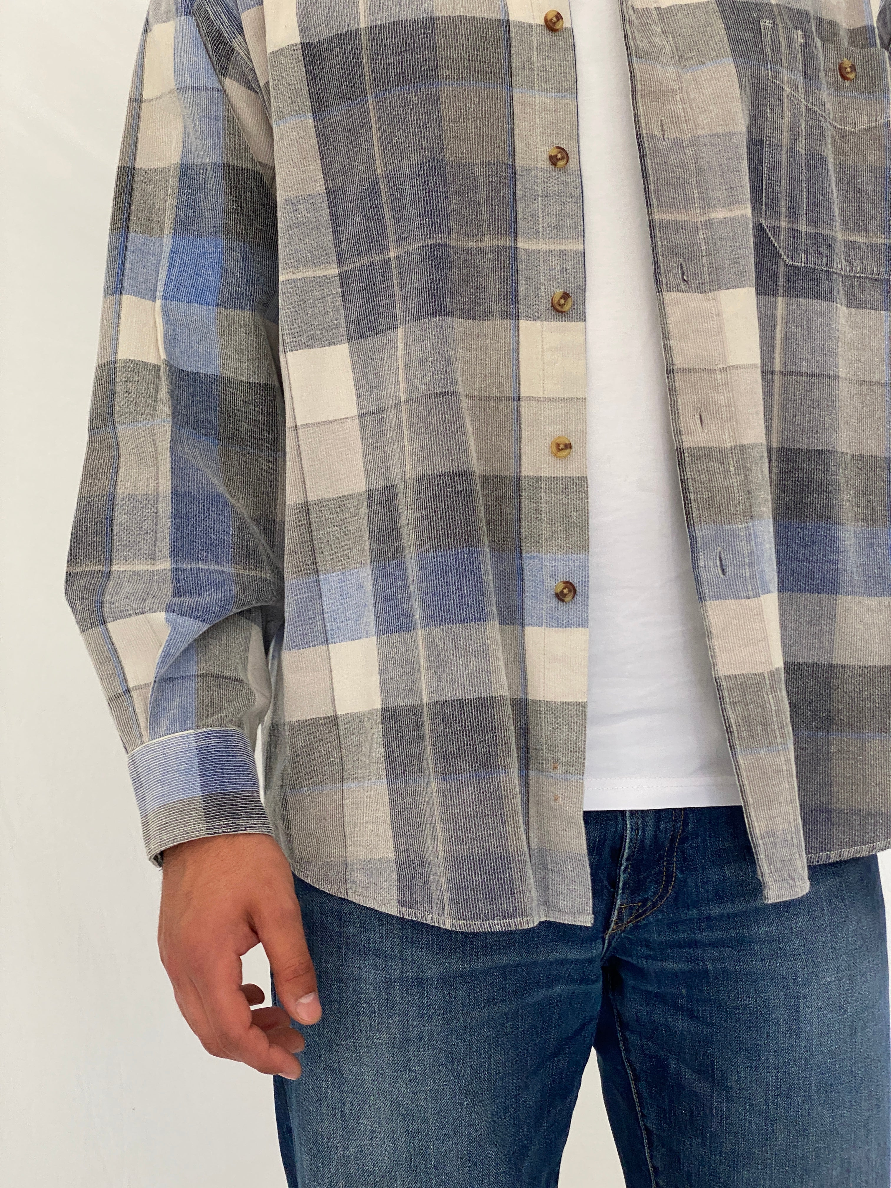 Vintage Basic Options Blue & Gray Plaid Corduroy Cotton Men’s Shirt - L