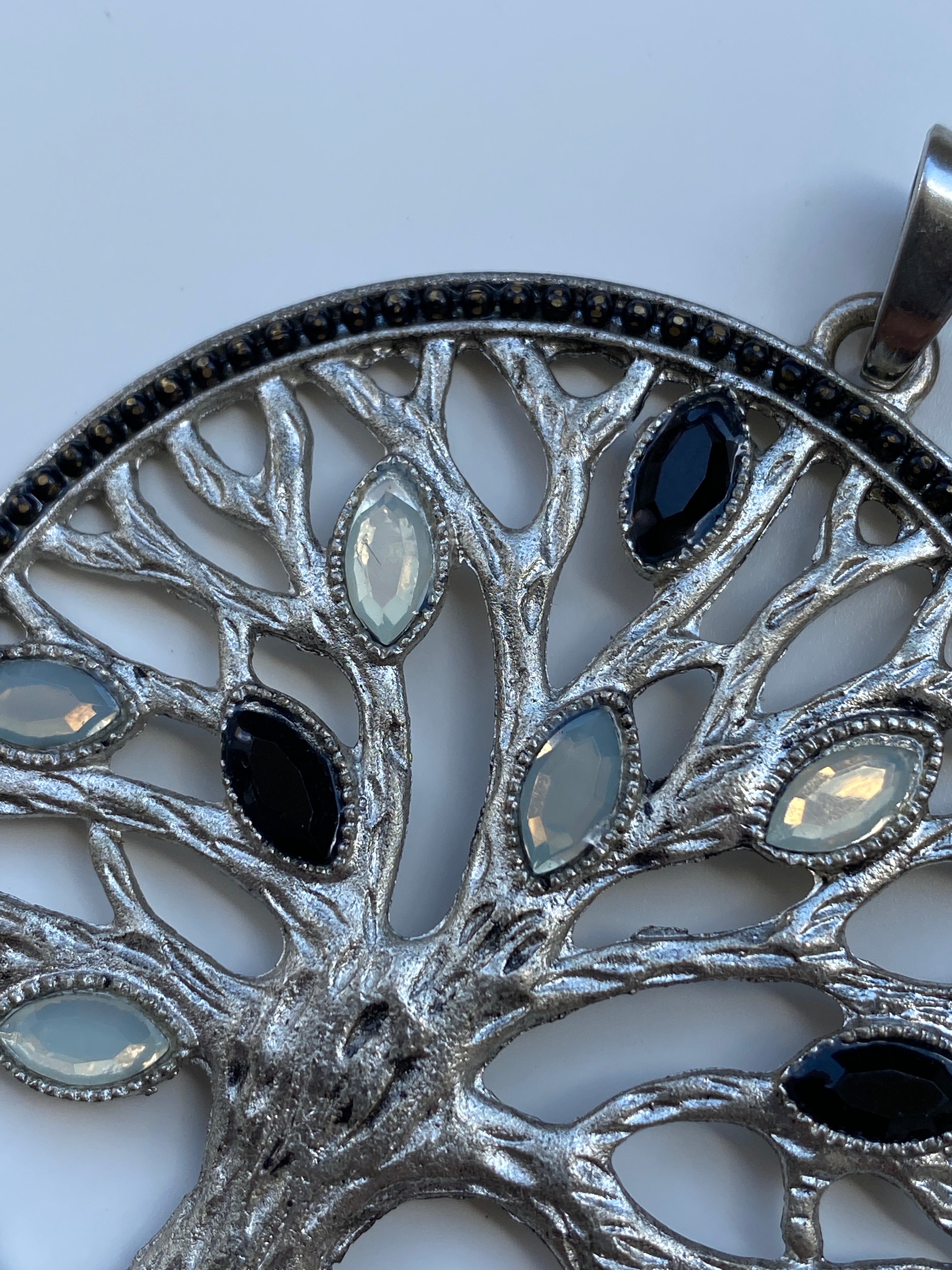 Vintage Silver Tone Tree of Life Pendant with Black & White Stones – Statement Necklace Charm
