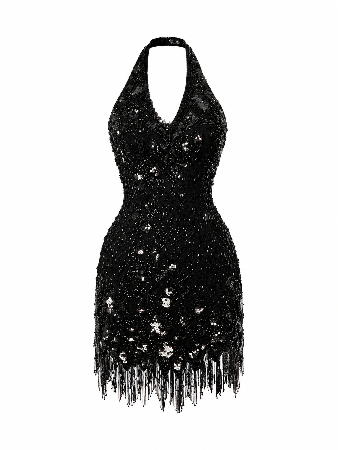 Vintage 90s Nite Line Black Silk Beaded Fringe Halter Mini Dress – XS