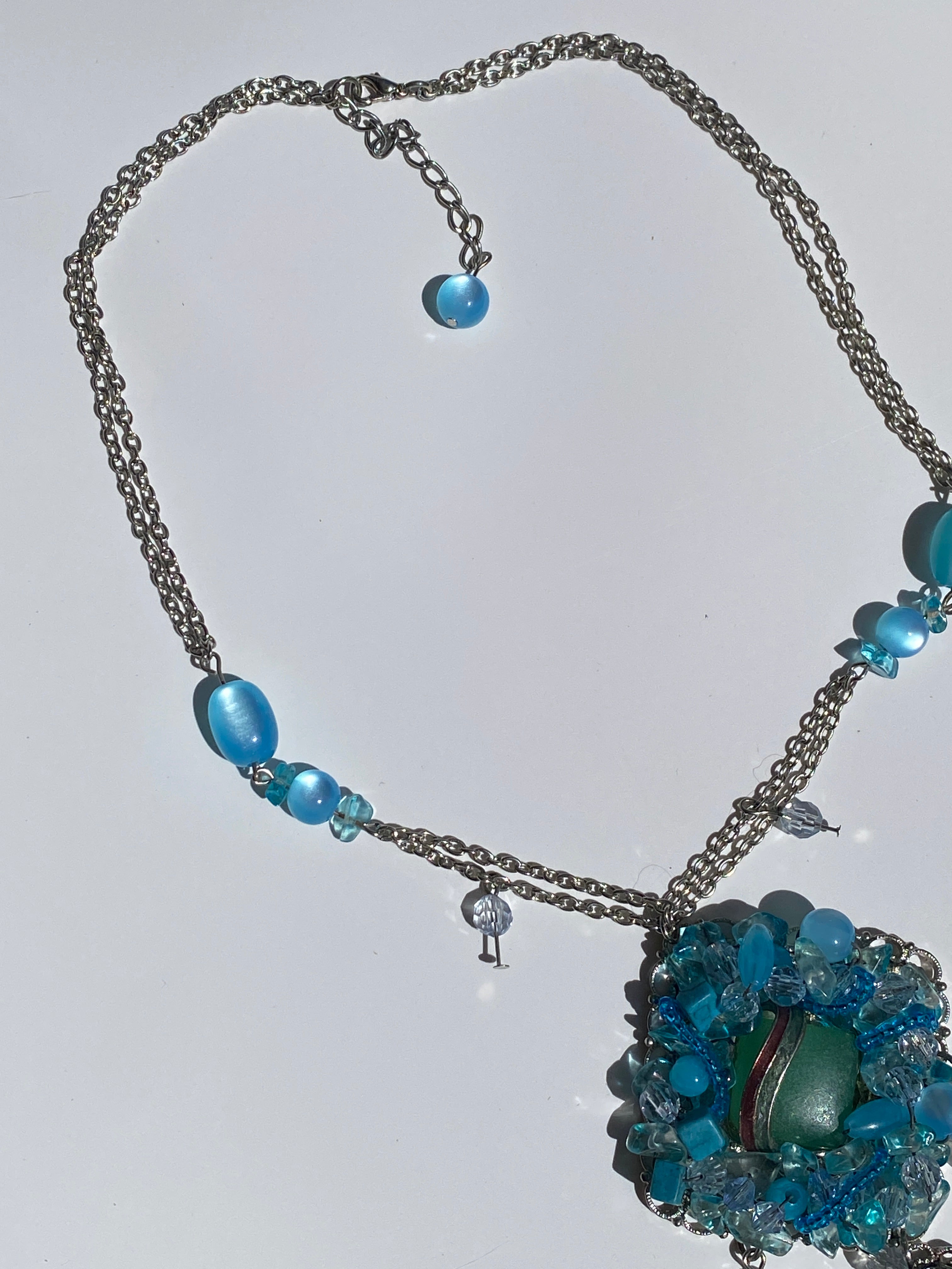 Vintage Y2K Blue Beaded Silver Tone Fringe Pendant Necklace