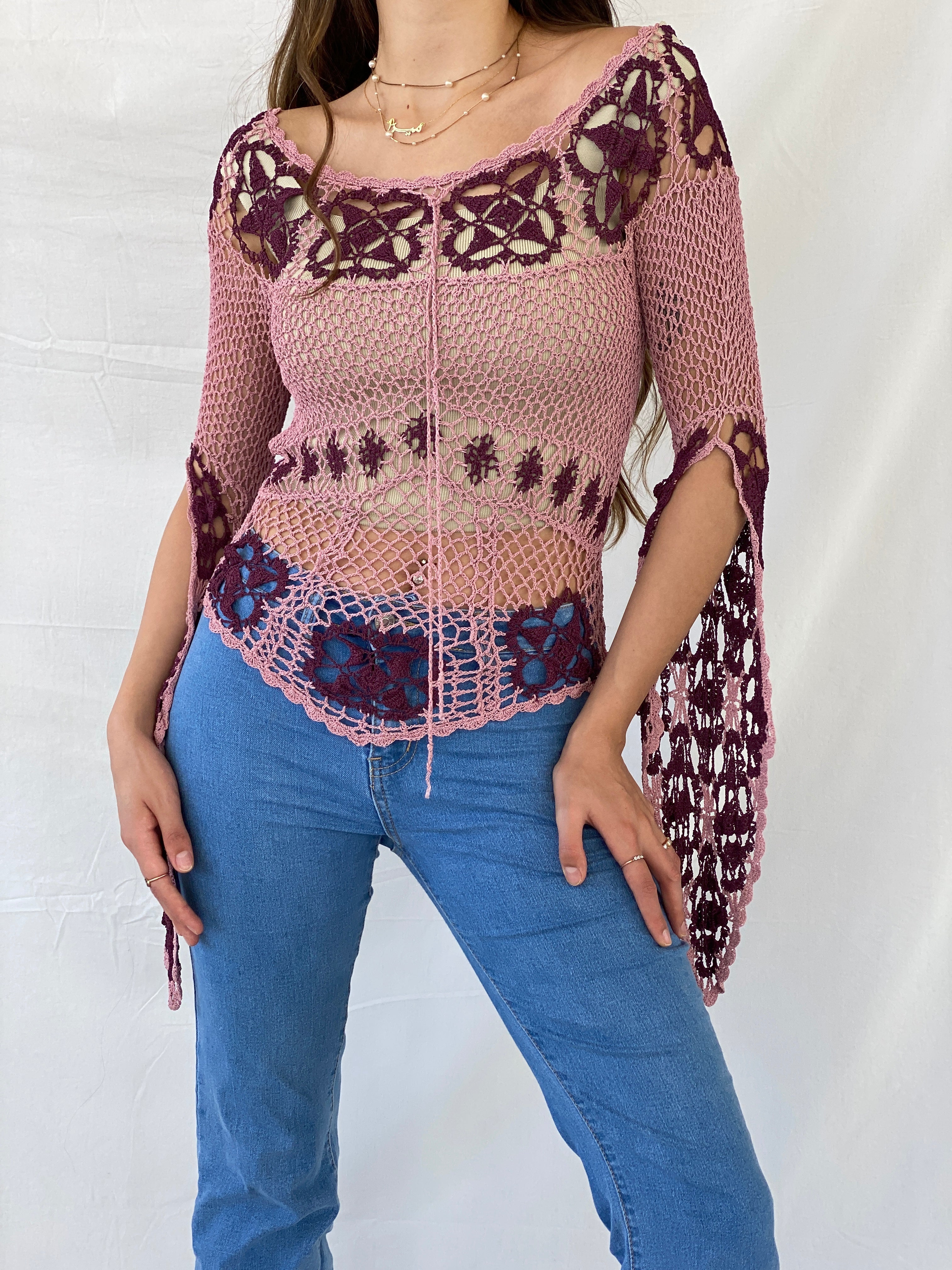 Y2K Crochet Fairy Pink Bell Sleeve Top - M