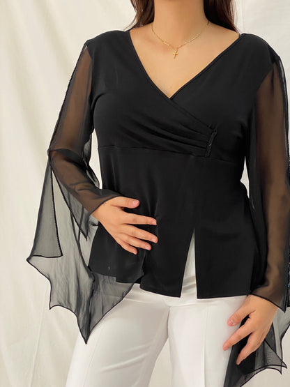 Vintage DORCA Black Sheer Beaded Bell Sleeve Top Blouse - L