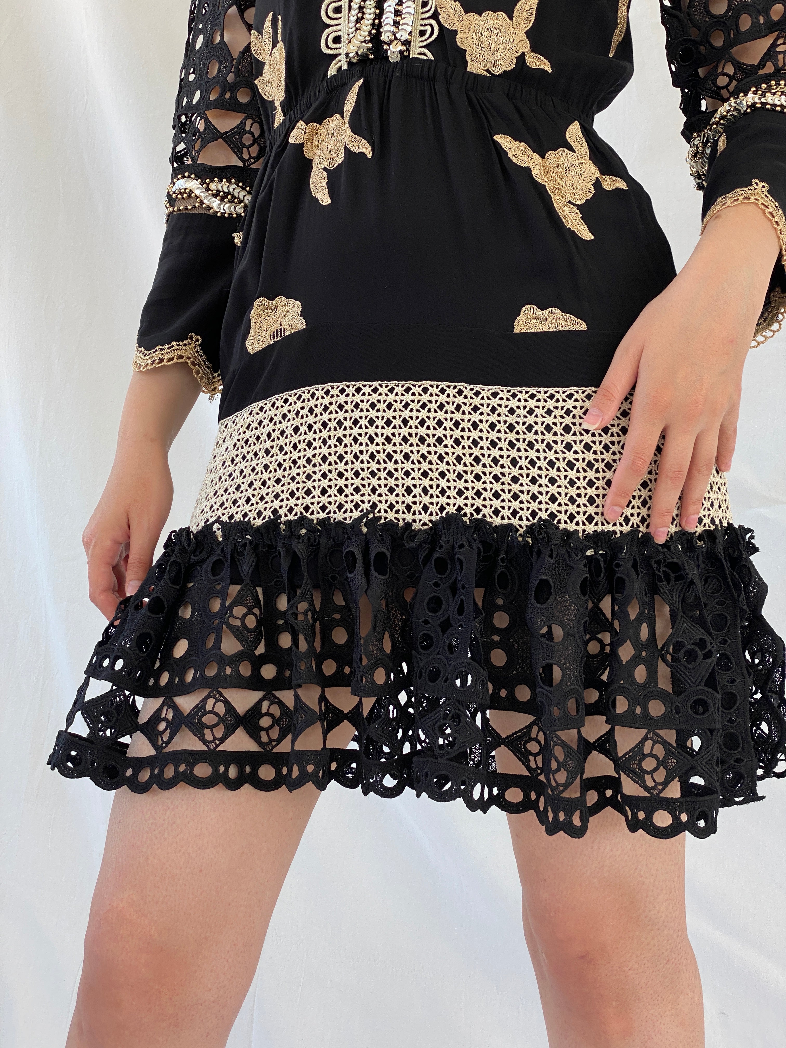 Statement Laurie & Joe Black Boho Core Embellished Indie Short Dress - M