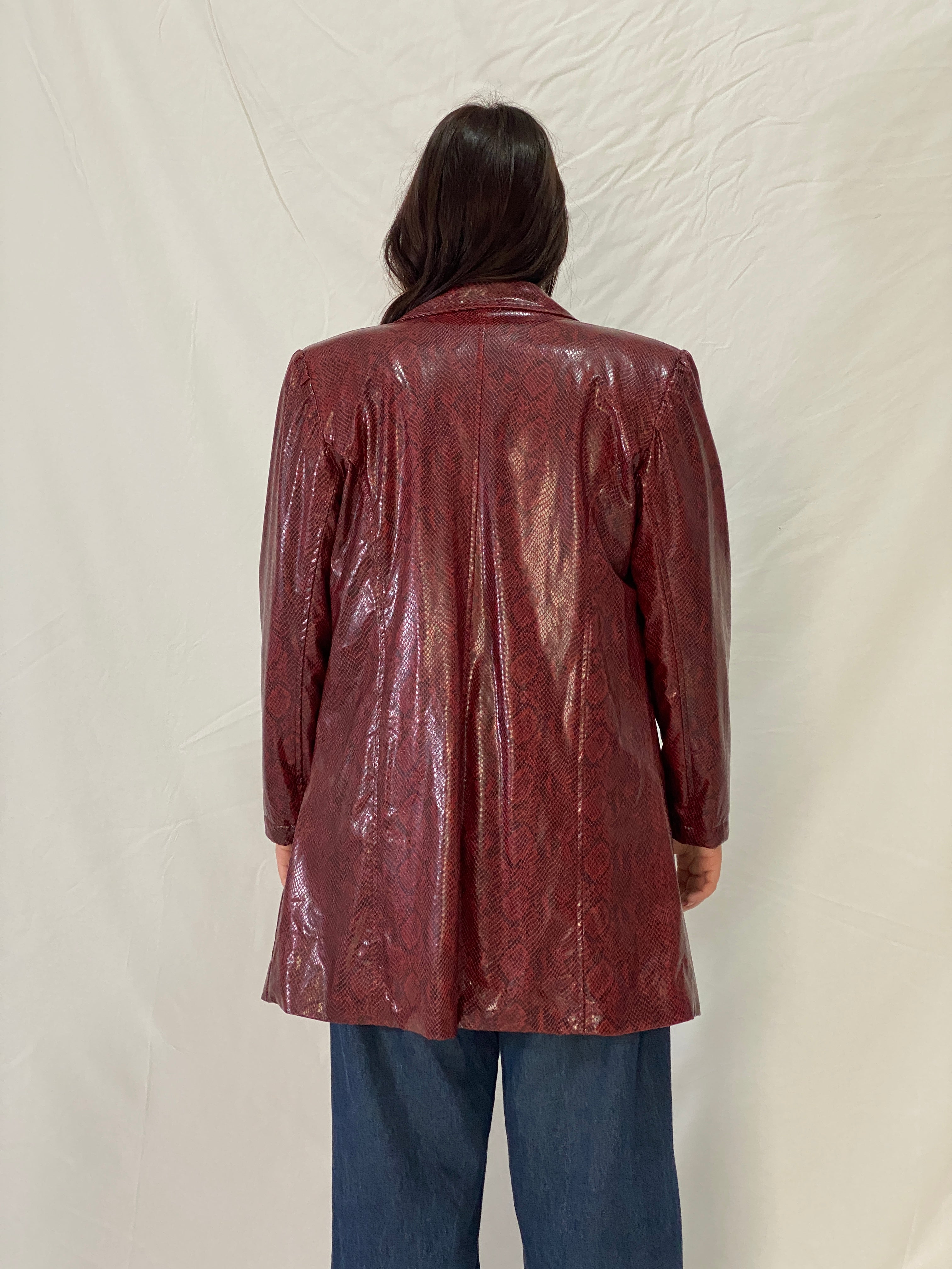 Vintage Burgundy Snakeskin Faux Leather Lined Coat with Leopard Print Interior – M