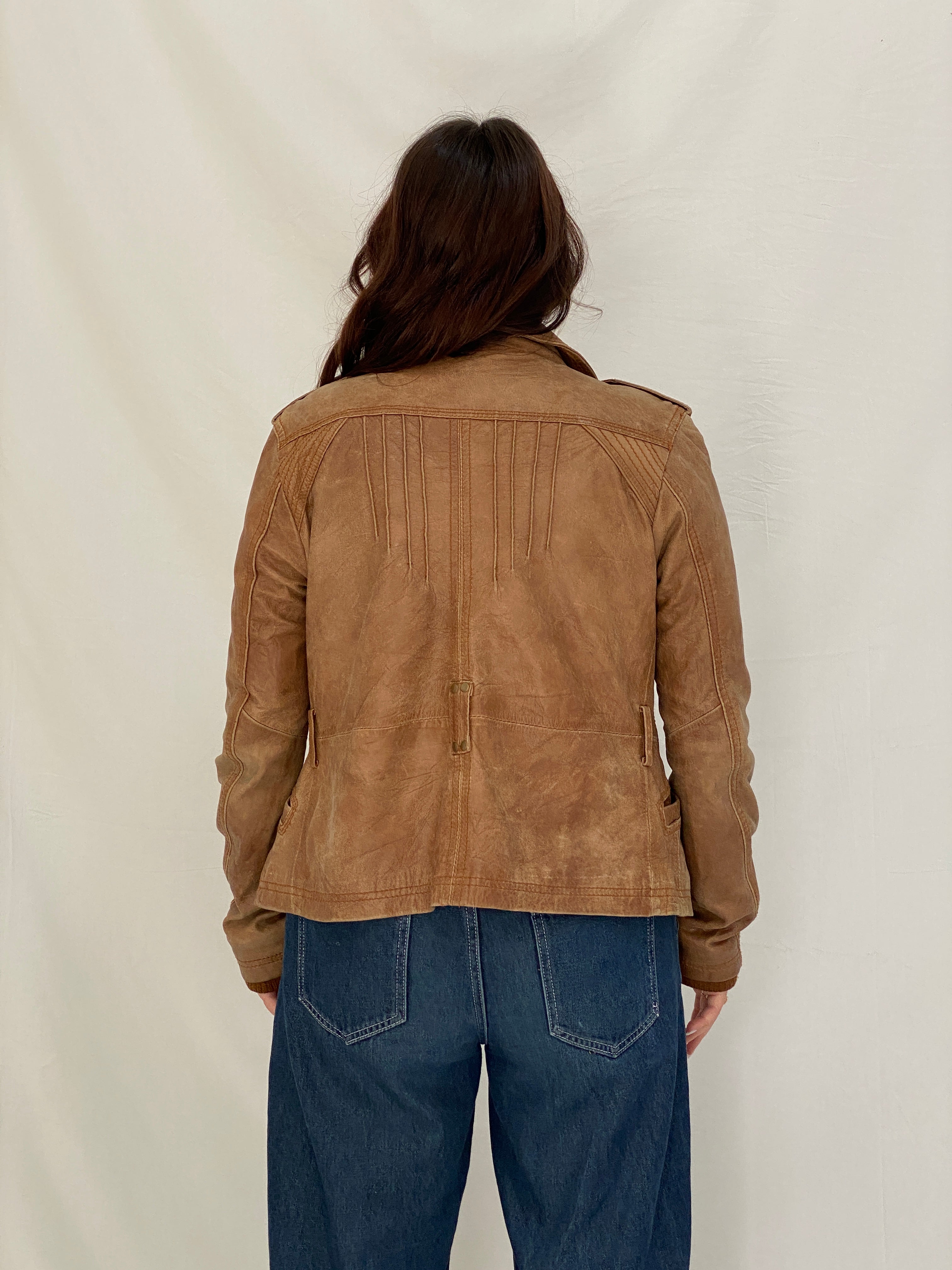Y2K Stradivarius Real Leather Moto Tan Leather Biker Jacket - M
