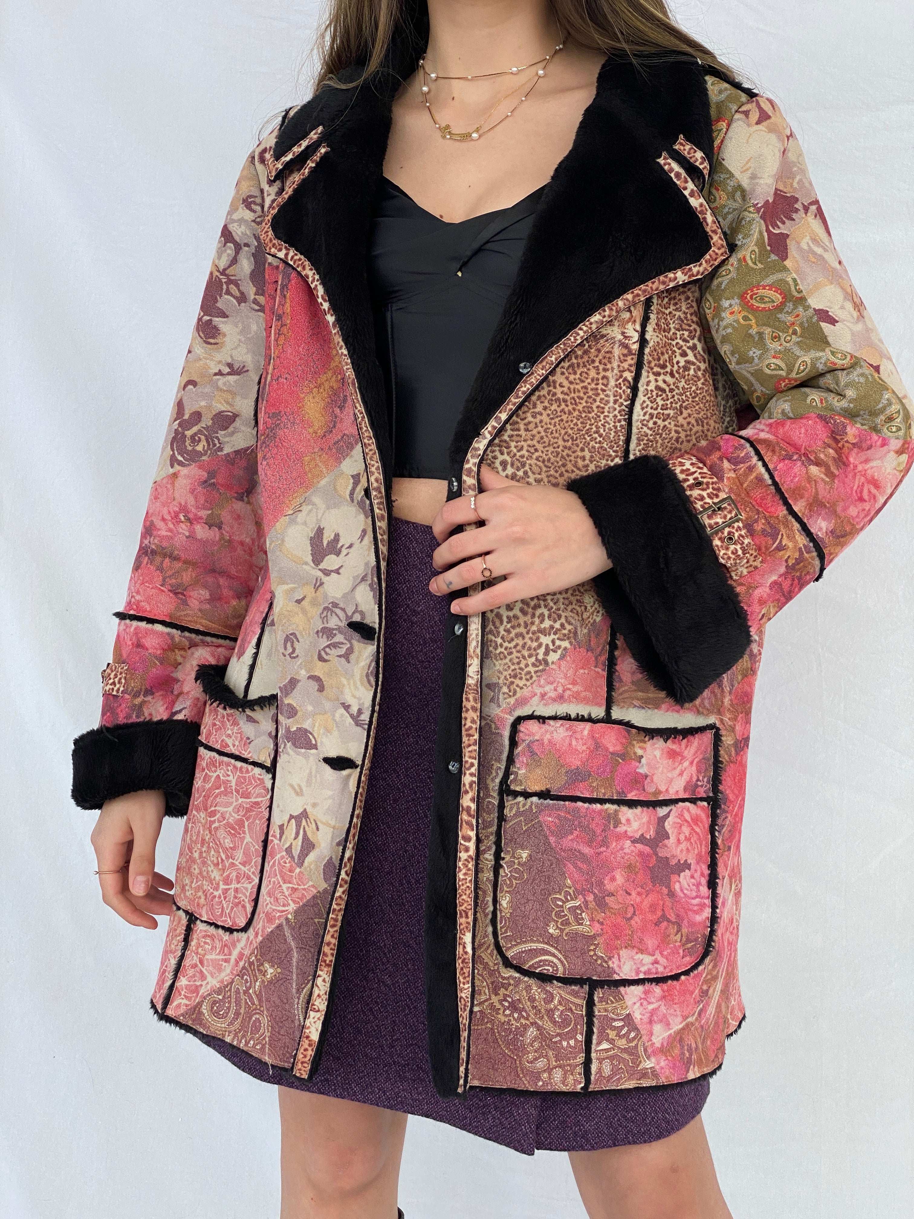 Beautiful Vintage KRISS Sweden Floral Afghan Style Fur-Lined Coat - Size Large