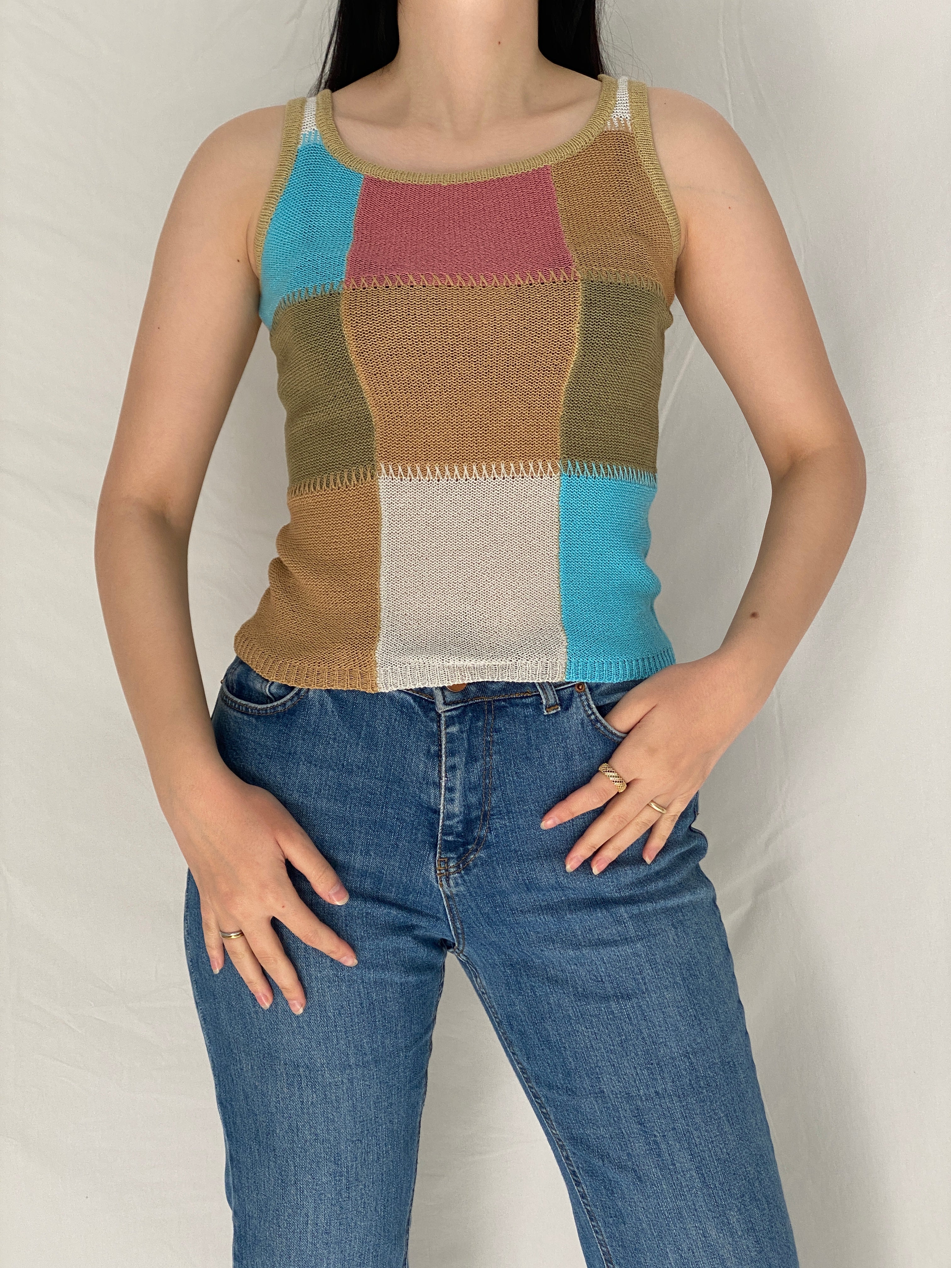 Vintage Patchwork Knit Tank Top Multicolor Y2K Style - S
