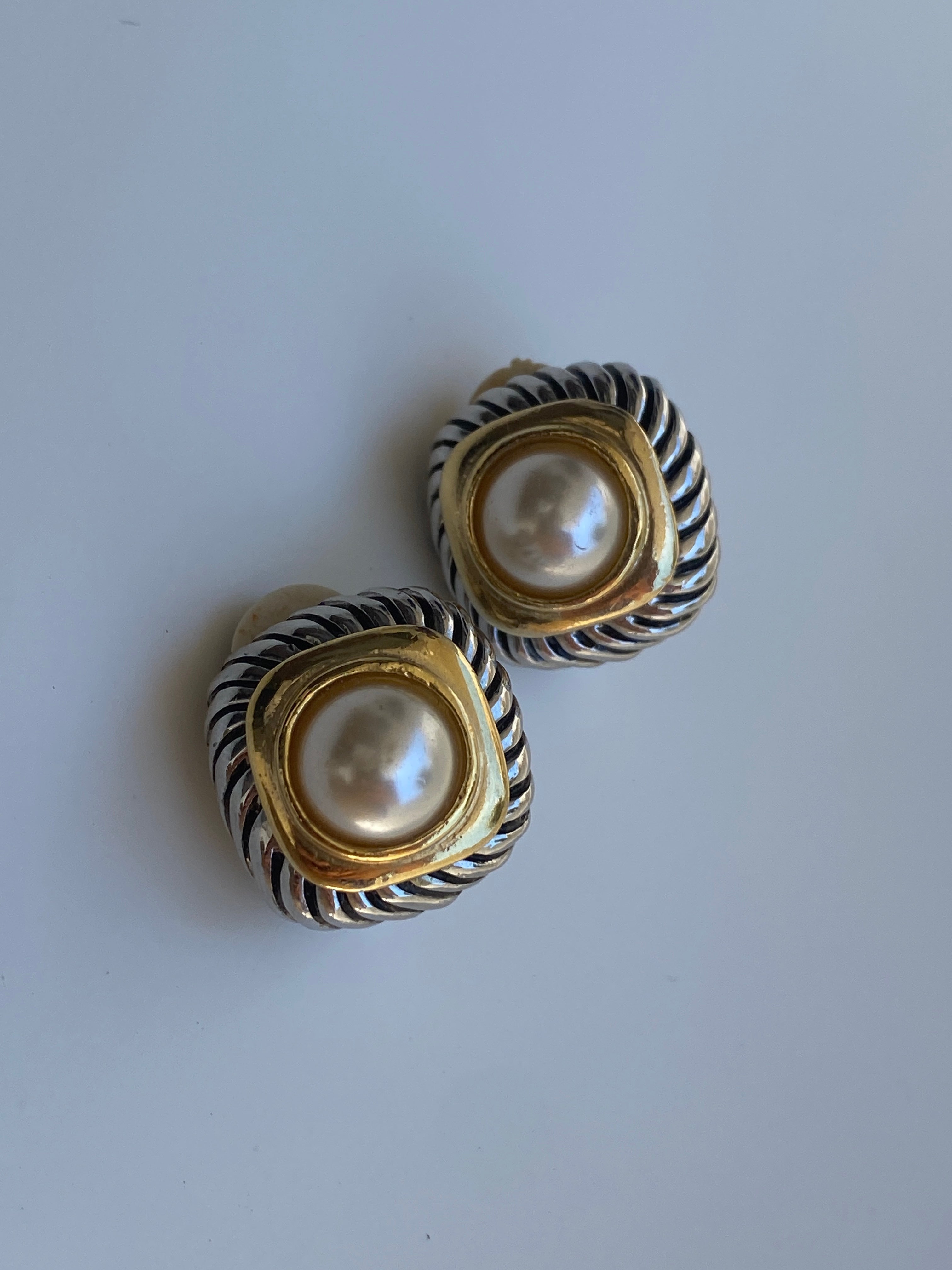 Vintage Two-Tone Faux Pearl Ribbed Clip-On Gold & Silver Earrings