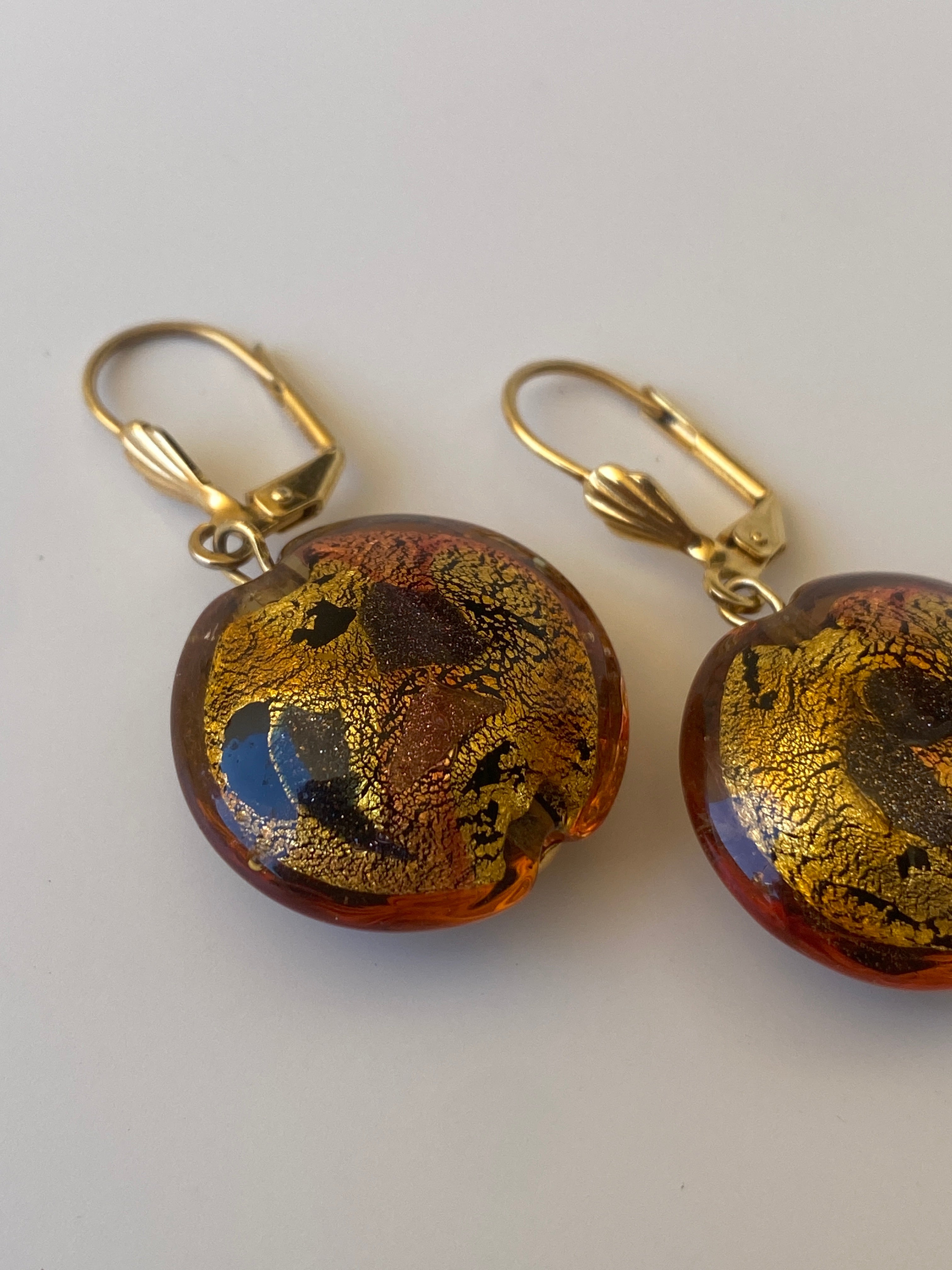 Vintage Murano Style Amber Gold Foil Glass Drop Earrings