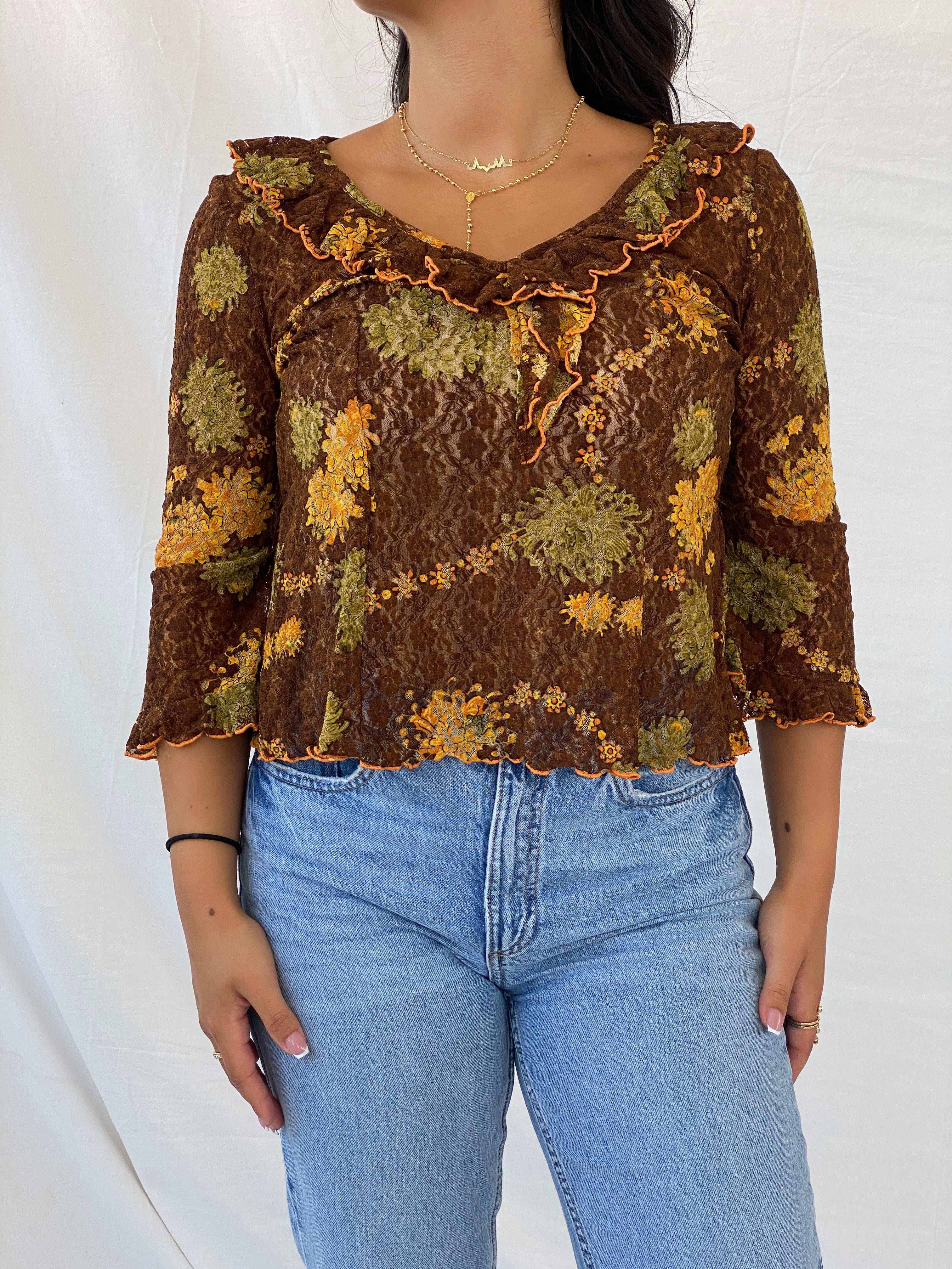 Vintage Handmade Lace Floral Brown 3/4 Sleeve Top - M - Balagan Vintage Full Sleeve Top 90s, Lana, NEW IN, summer