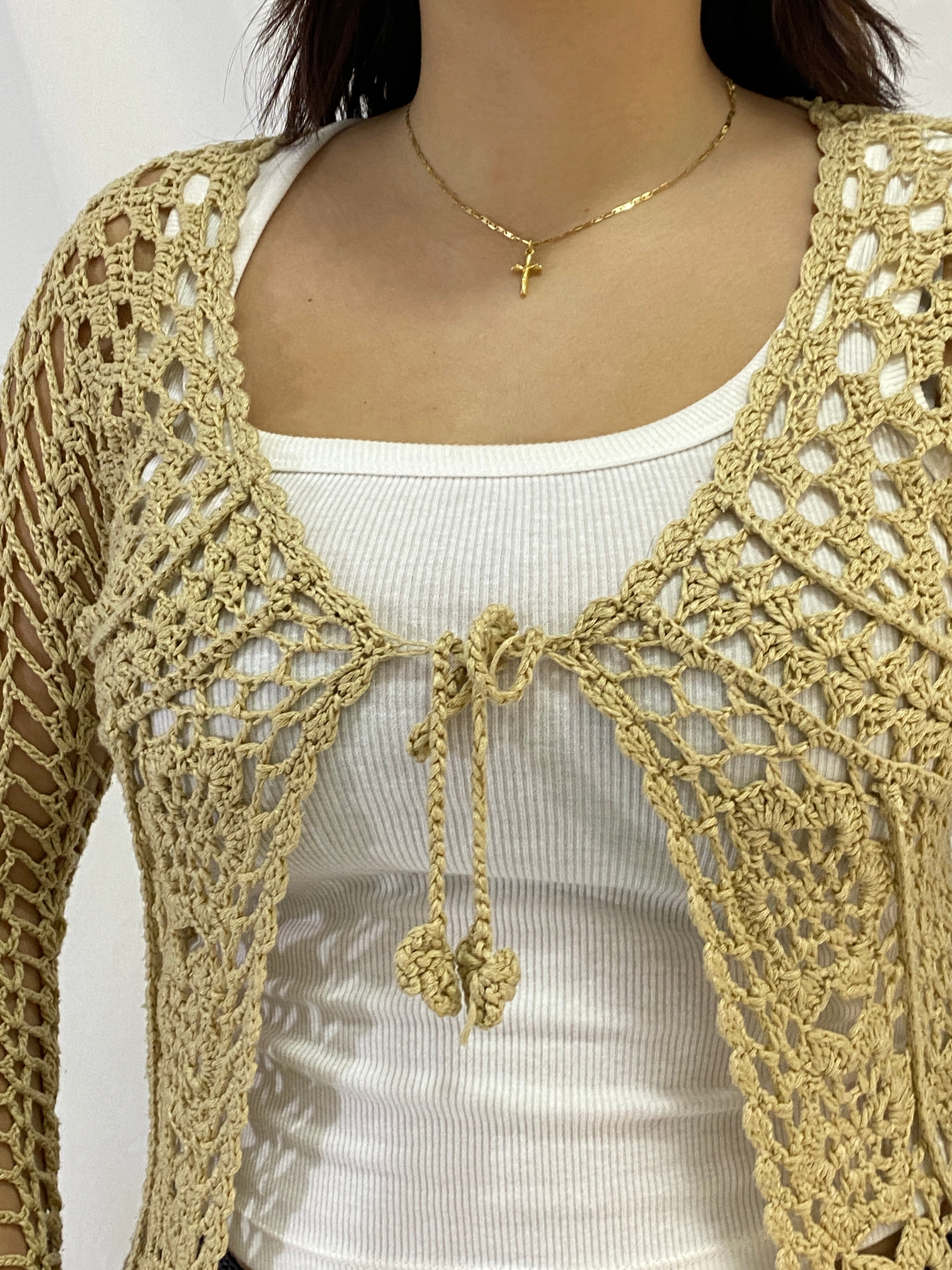 Vintage Beige Crochet Tie-Front Long Sleeve Open-Knit Cardigan – M