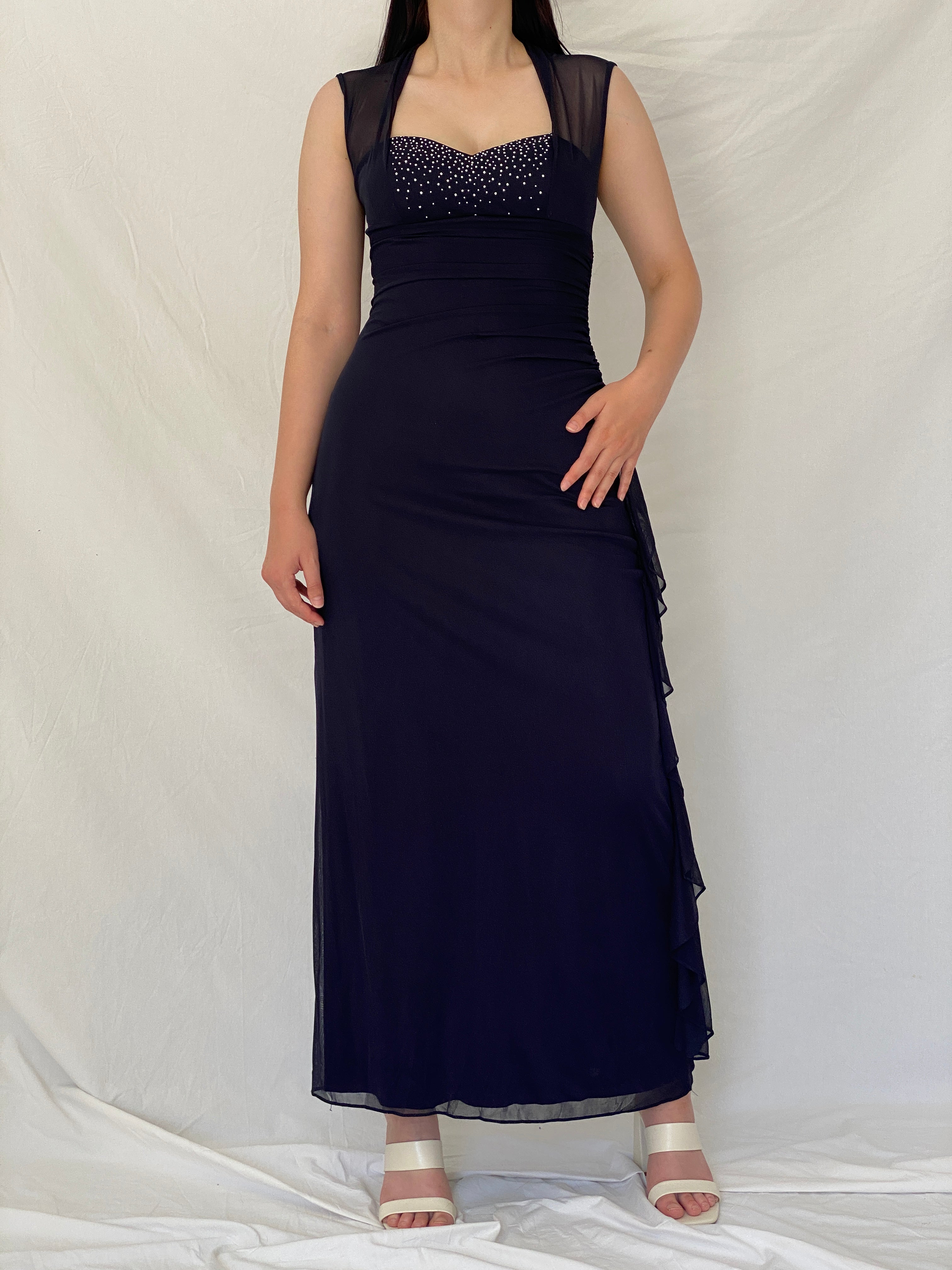 Vintage Y2K Blondie Nites by Stacy Sklar Navy Rhinestone Mesh Evening Gown - M