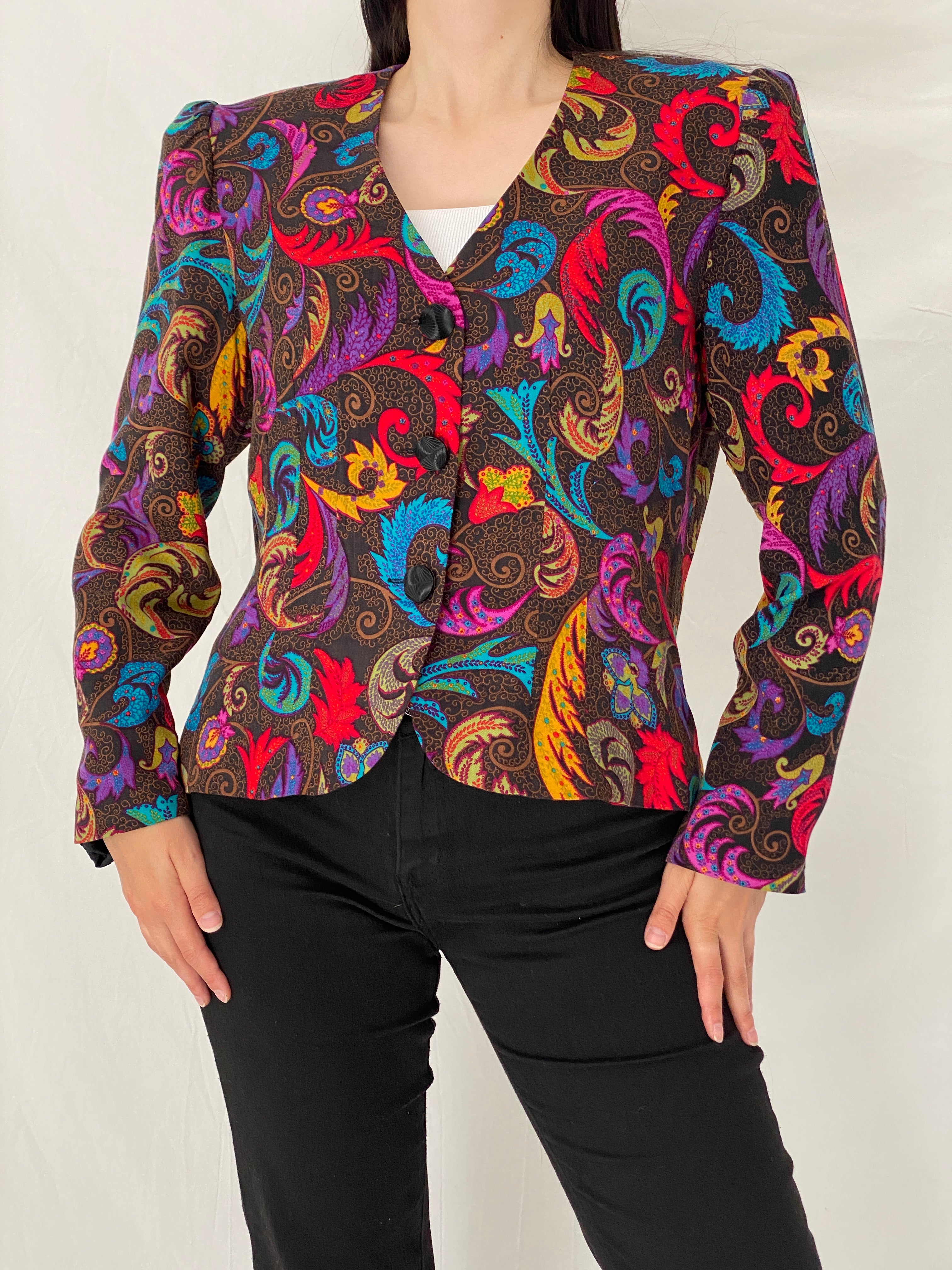 Vintage 90s Anne Crimmins for Umi Collections Pop Paisley Blazer Multicolor Statement Jacket – L