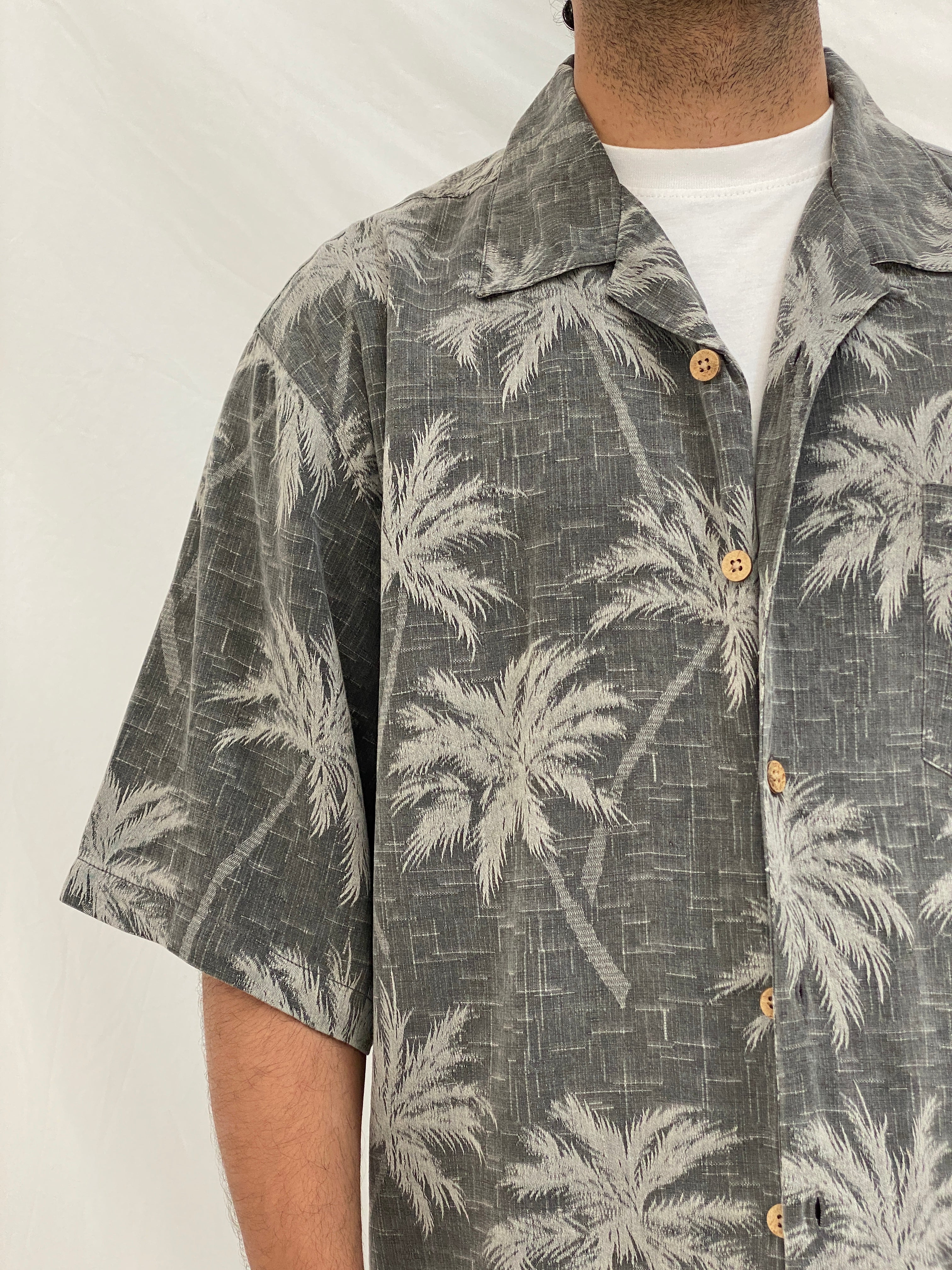 Vintage Jamaica Jaxx Grey Palm Tree Silk Men’s Vacation Shirt – L