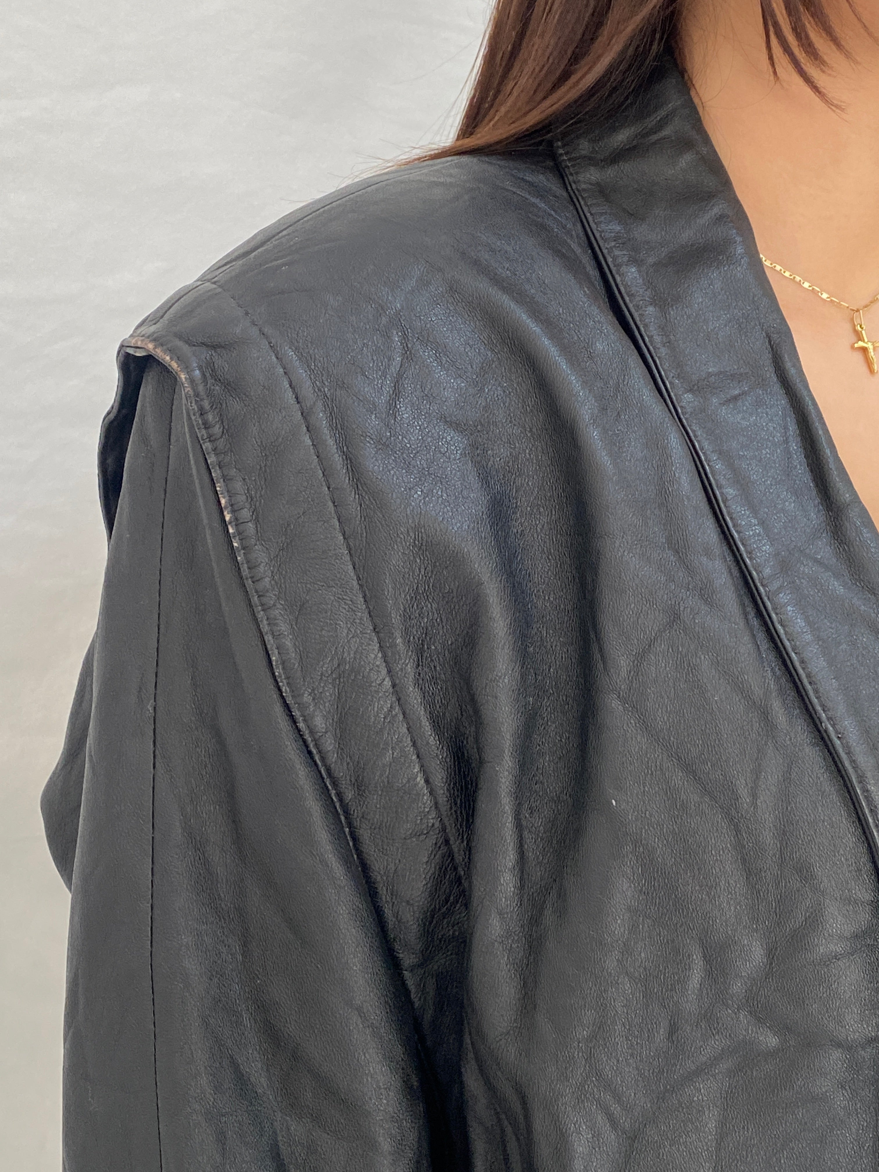 Vintage 80s Greek Kelesidi Leather Bomber Jacket Black Power Shoulder Blazer - M