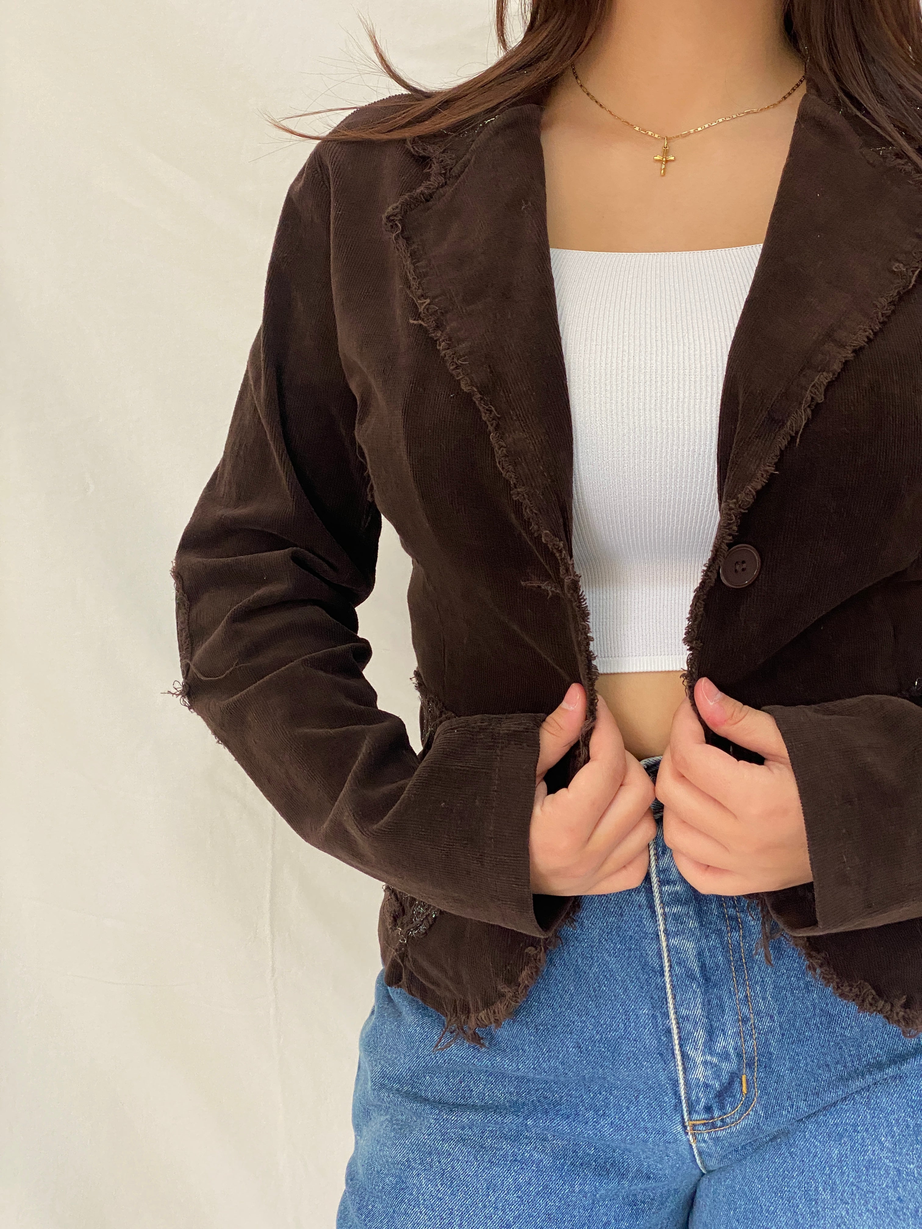 Vintage Y2K Italian Corduroy Blazer Chocolate Distressed Raw Edge Embroidered Jacket - S