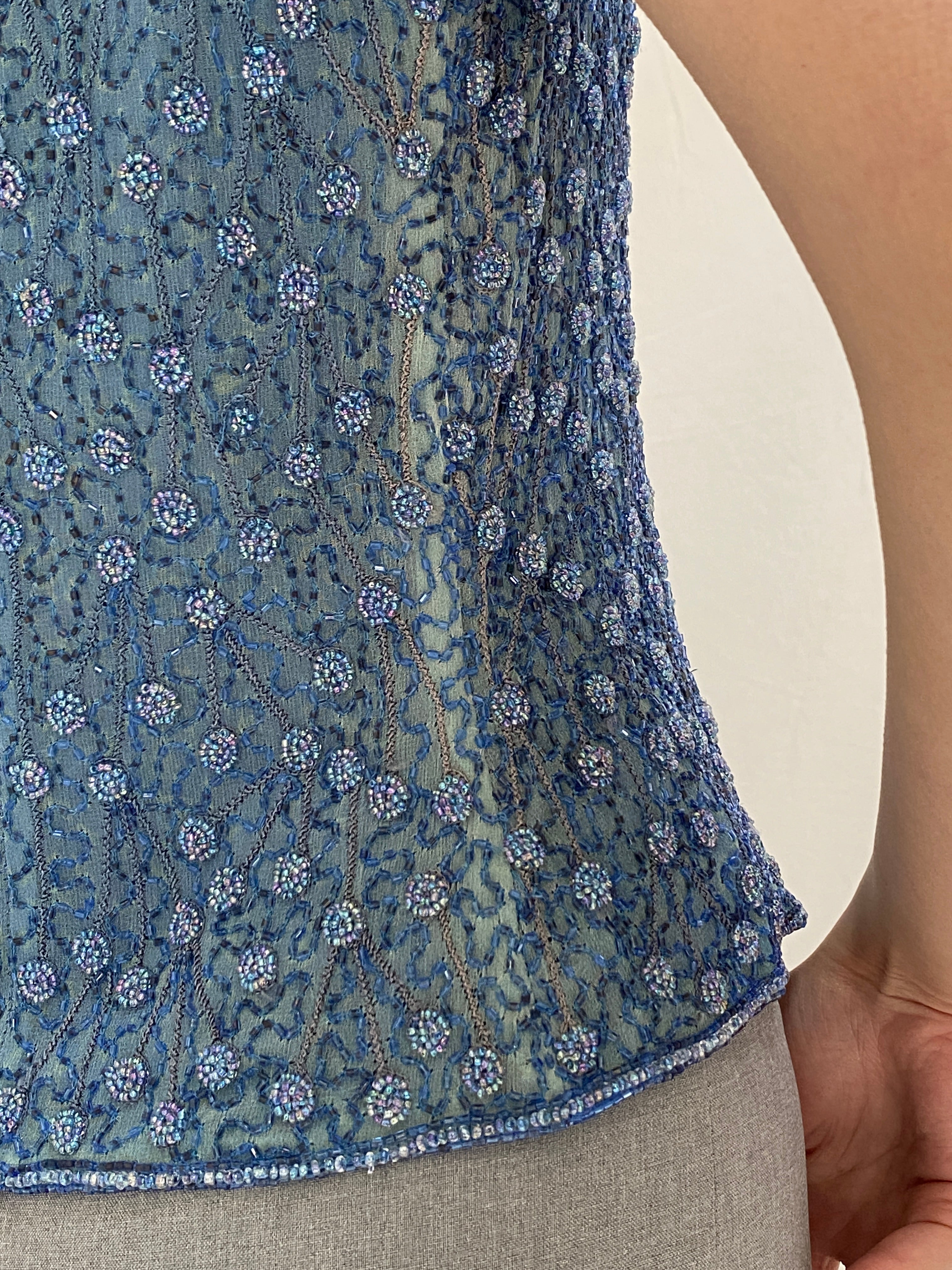 Vintage 90s Adrianna Papell Blue Silk Beaded Evening Top - M