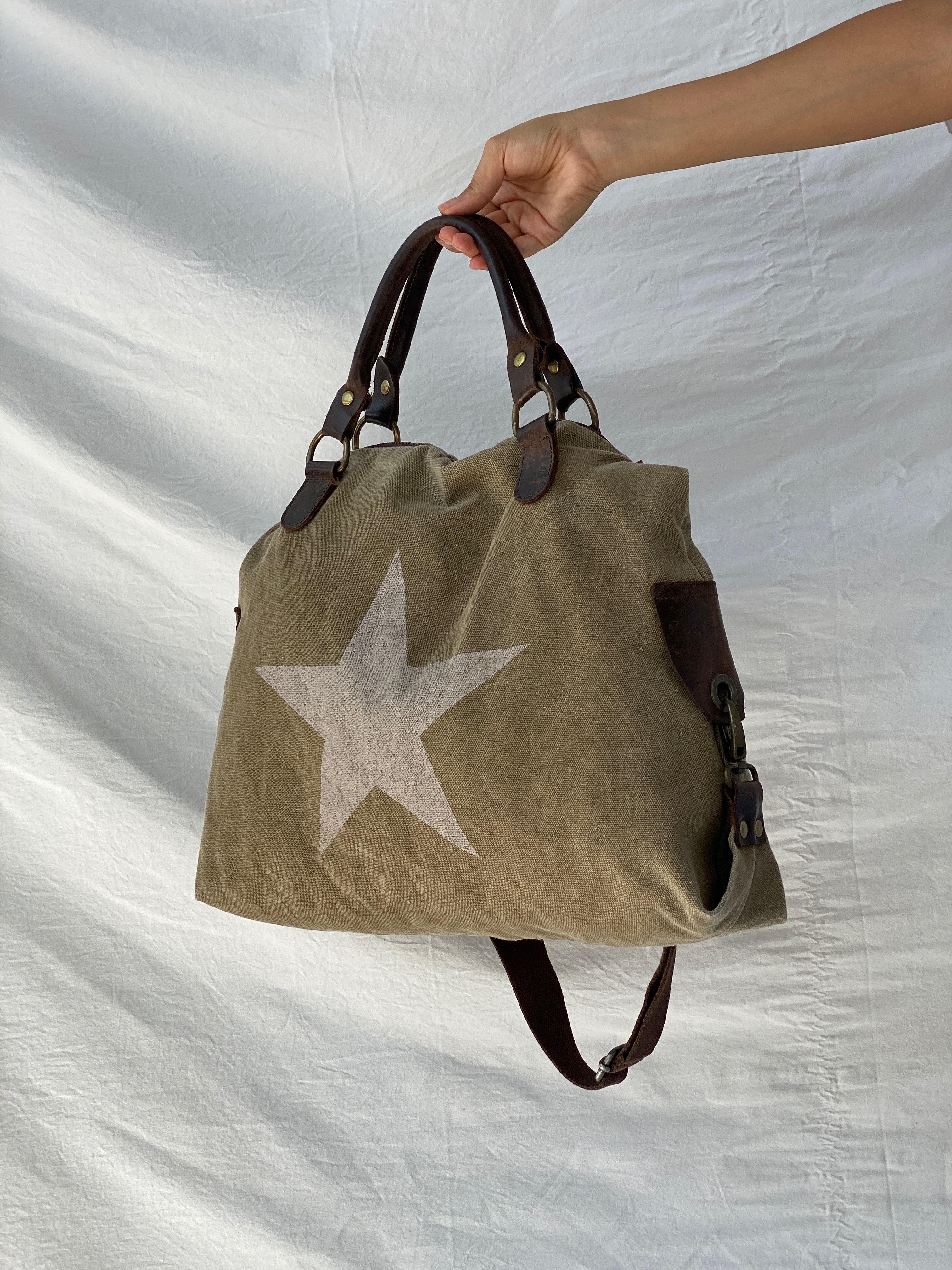 Vintage Genuine Leather Star Canvas Tote Bag