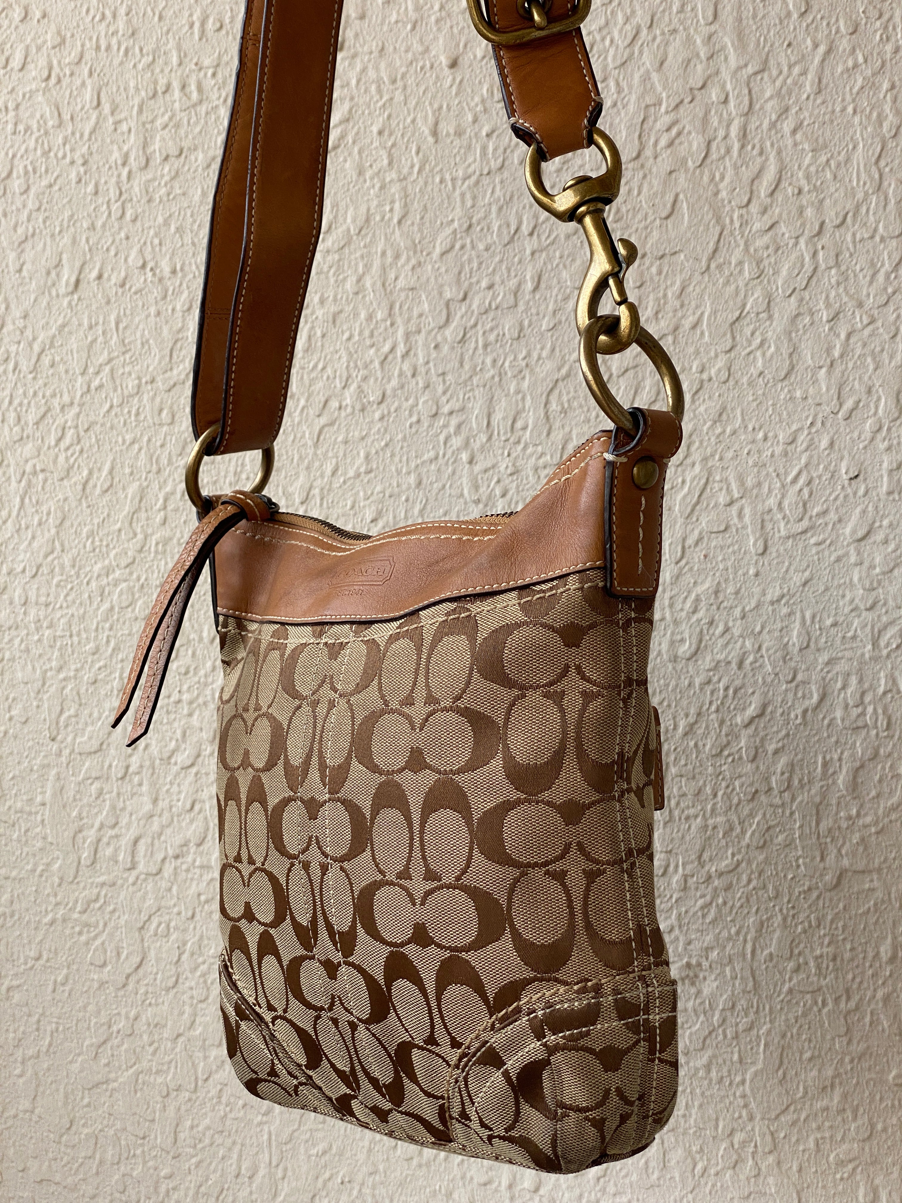 Vintage 2000s Coach Signature Monogram Canvas Shoulder Bag Brown & Tan Leather Trim