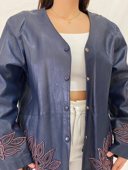 Vintage KOSHAR Genuine Leather Duster Coat Navy Beaded Cut-Out Floral Jacket - XL