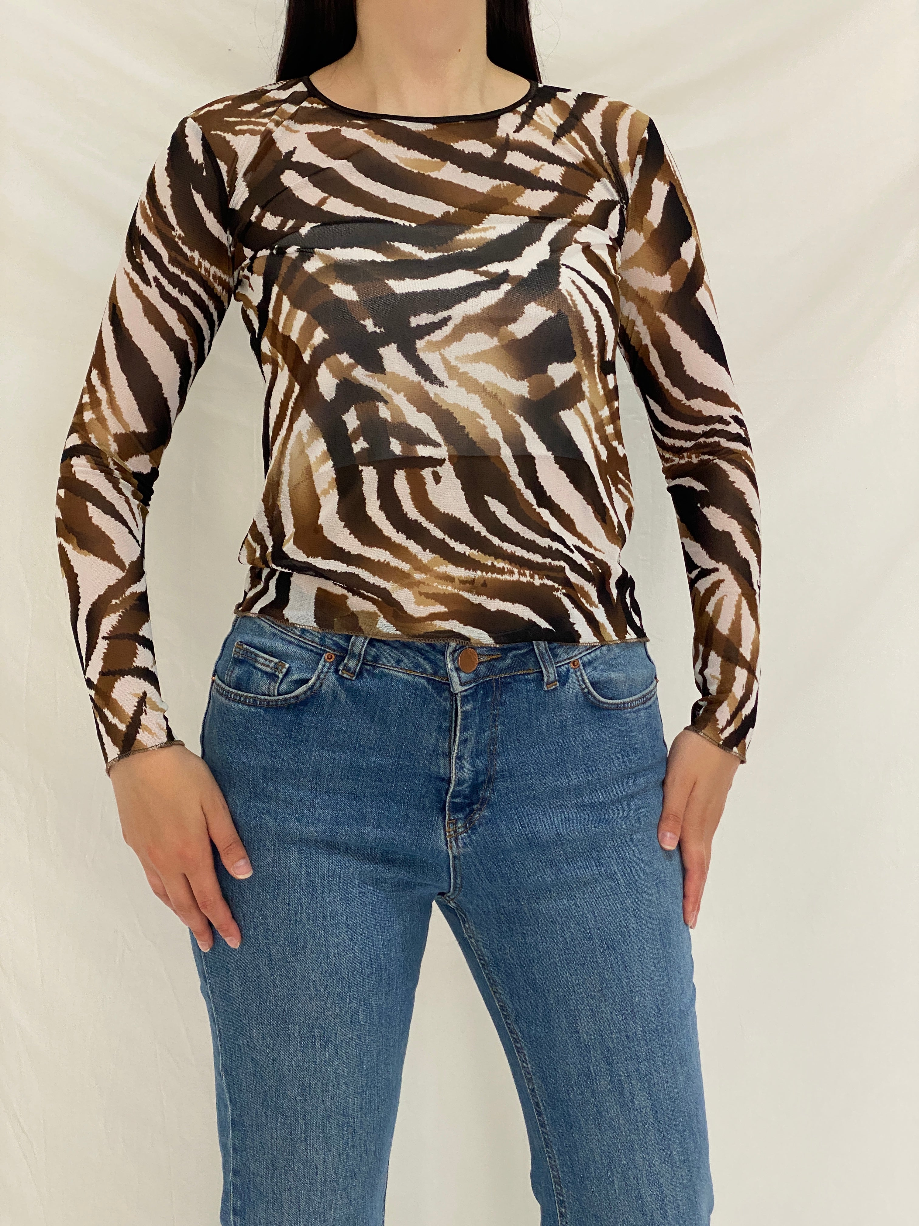 Vintage Pinto de Castro Brown Zebra Print Mesh Long Sleeve Top – M