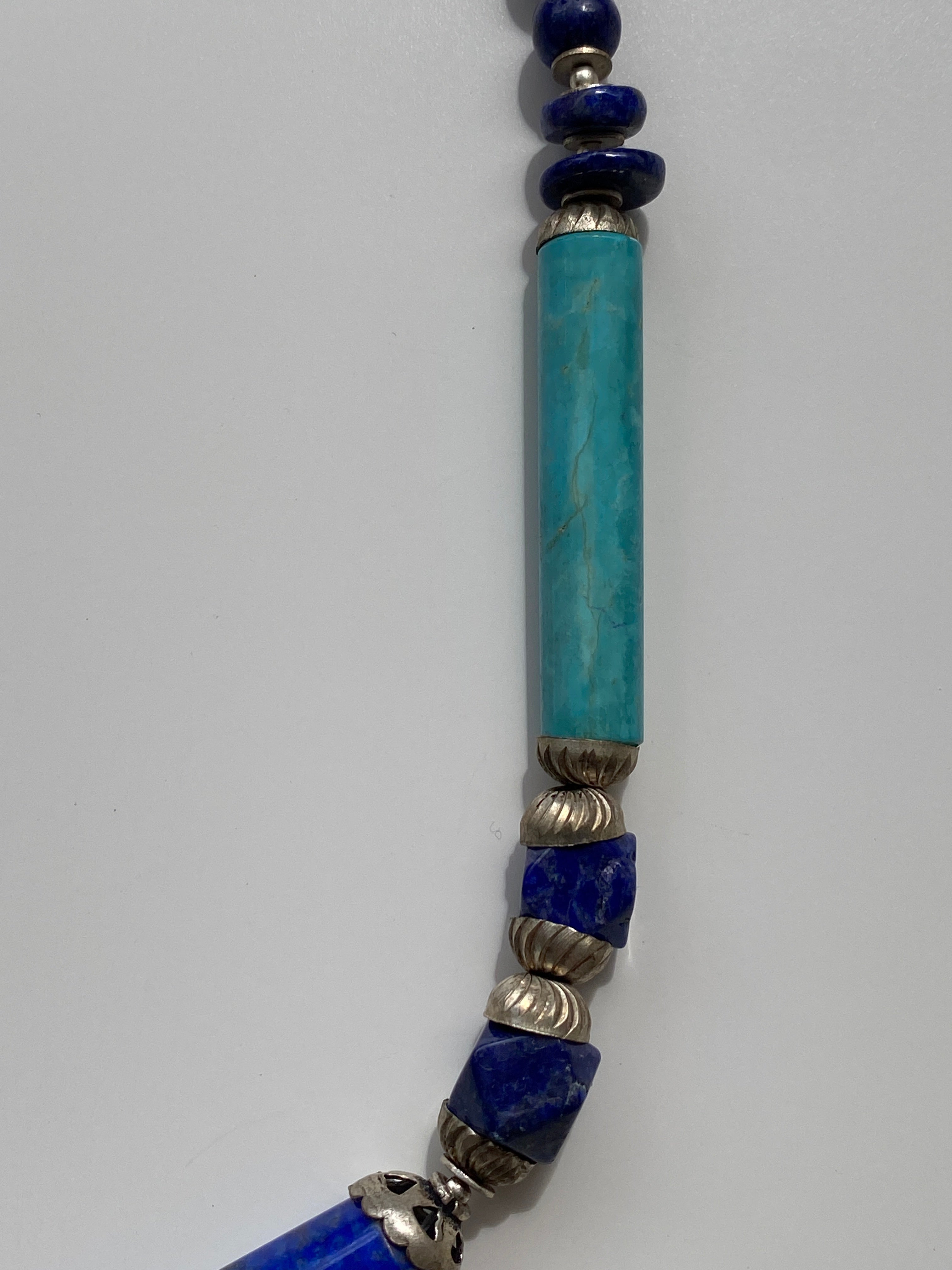 Vintage Lapis Lazuli & Turquoise Stone Beaded Necklace with Silver Spacers