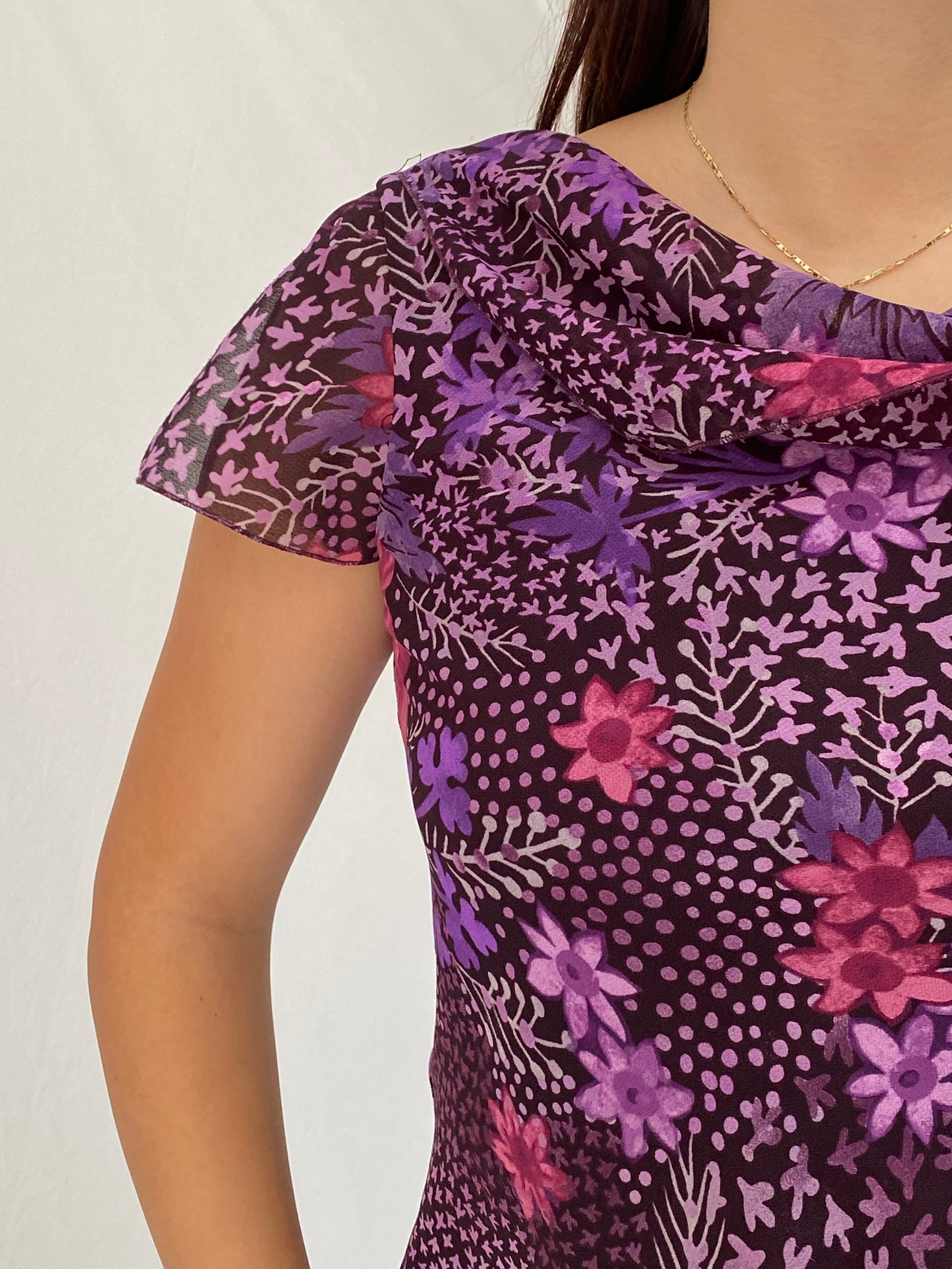 Vintage Y2K Studio I Petite Purple Floral Mesh Cowl Neck Top – M
