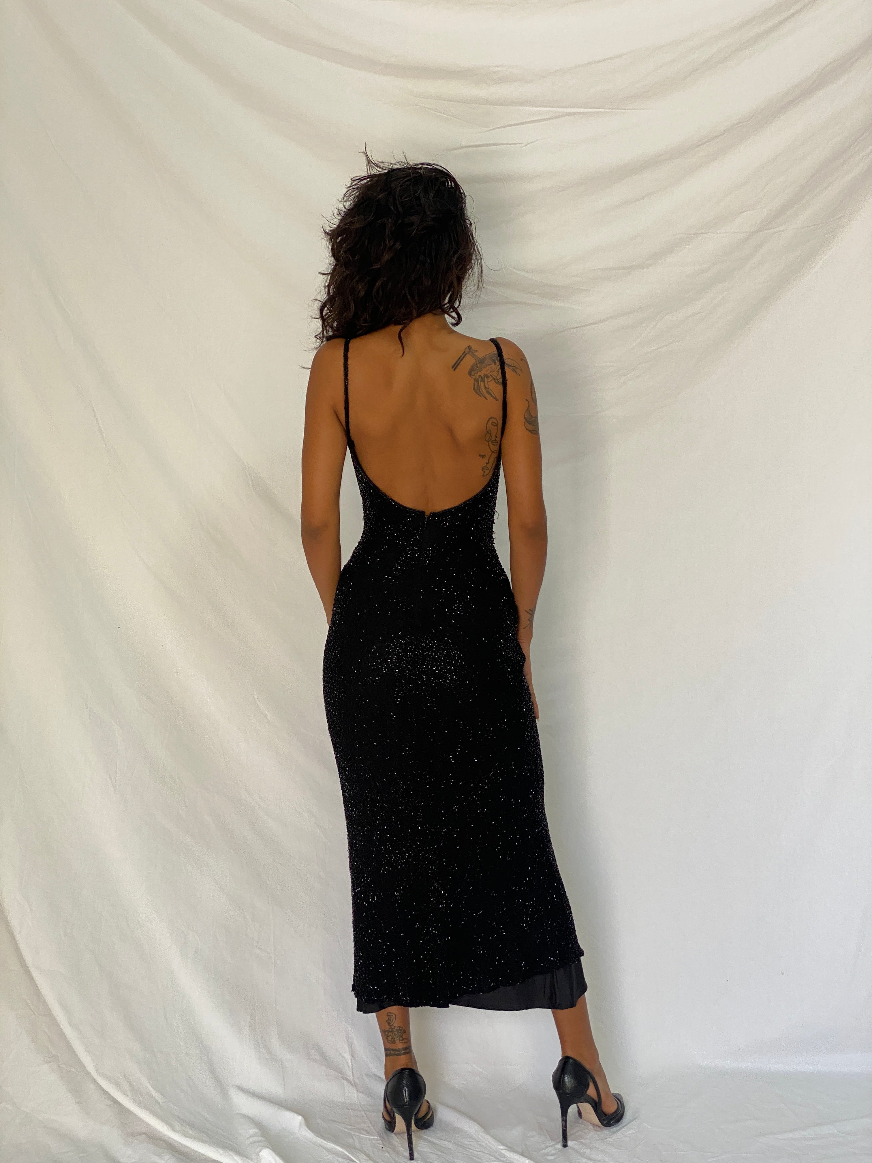Vintage Y2K Scala Black 100% Silk Beaded Sheer Waist Evening Midi Dress - S