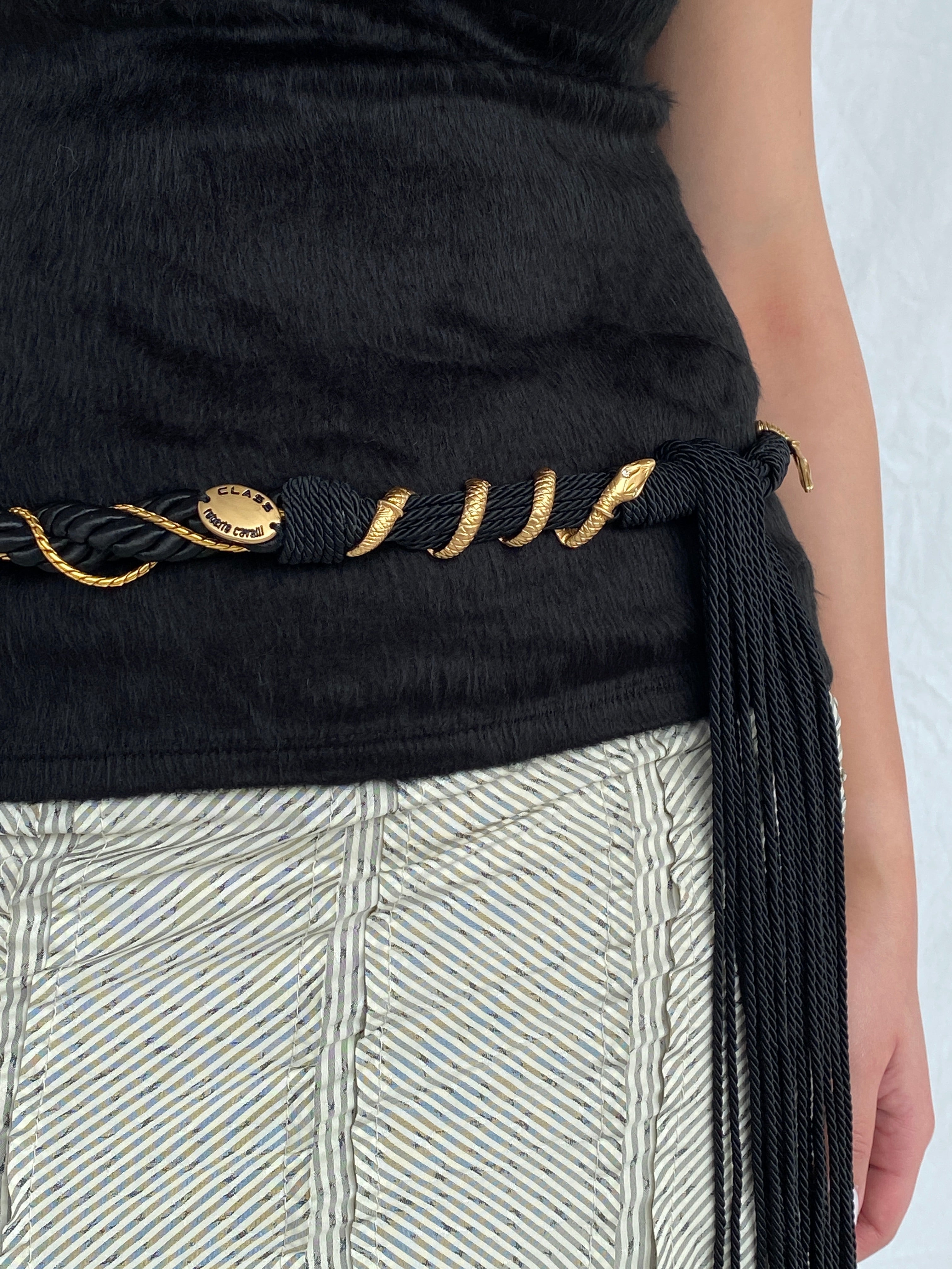 00s Cavalli Class by Roberto Cavalli Black Macrame Rope Fringed Belt with Gold Snake Metal Hardware