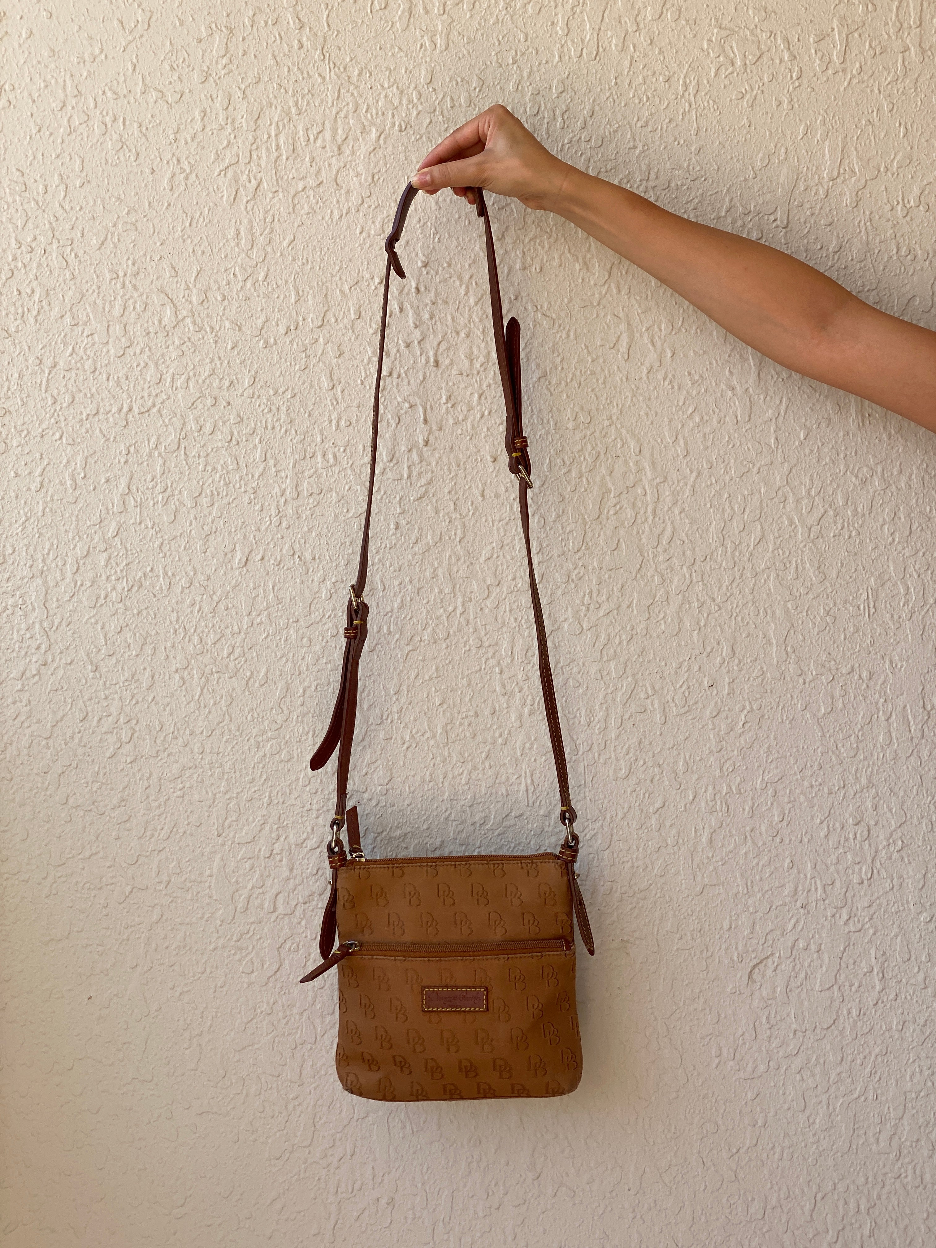 Dooney & Bourke Brown Logo Monogram Crossbody Bag with Leather Trim