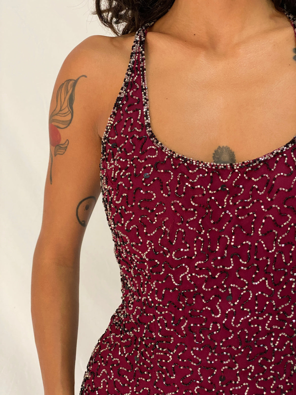 Vintage Romy Scala Burgundy 100% Silk Beaded Cross-Back Maxi Dress – M