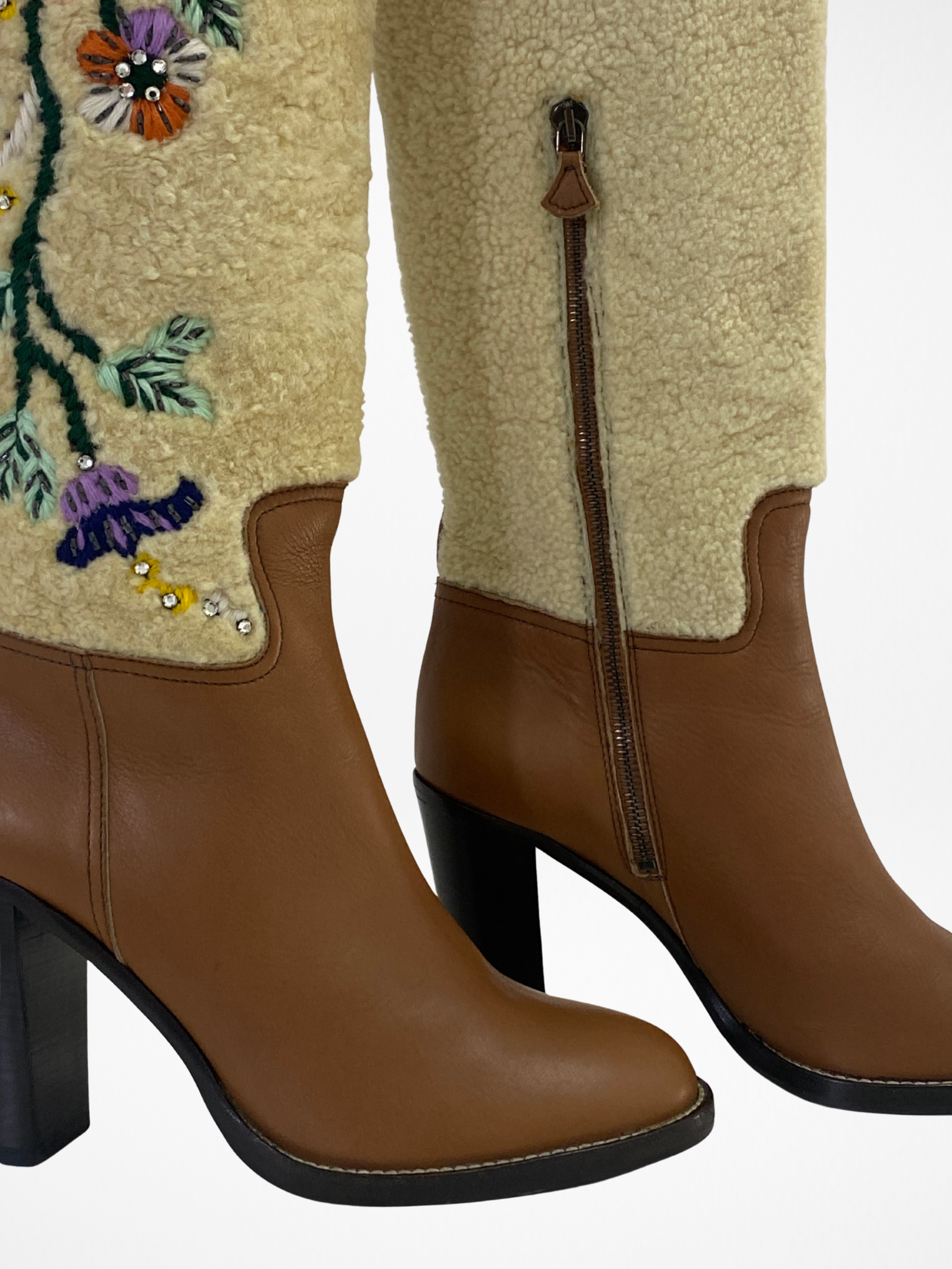 Vintage Miu Miu Brown Leather & Shearling Embroidered Knee-High Boots Block Heel - EU 38.5