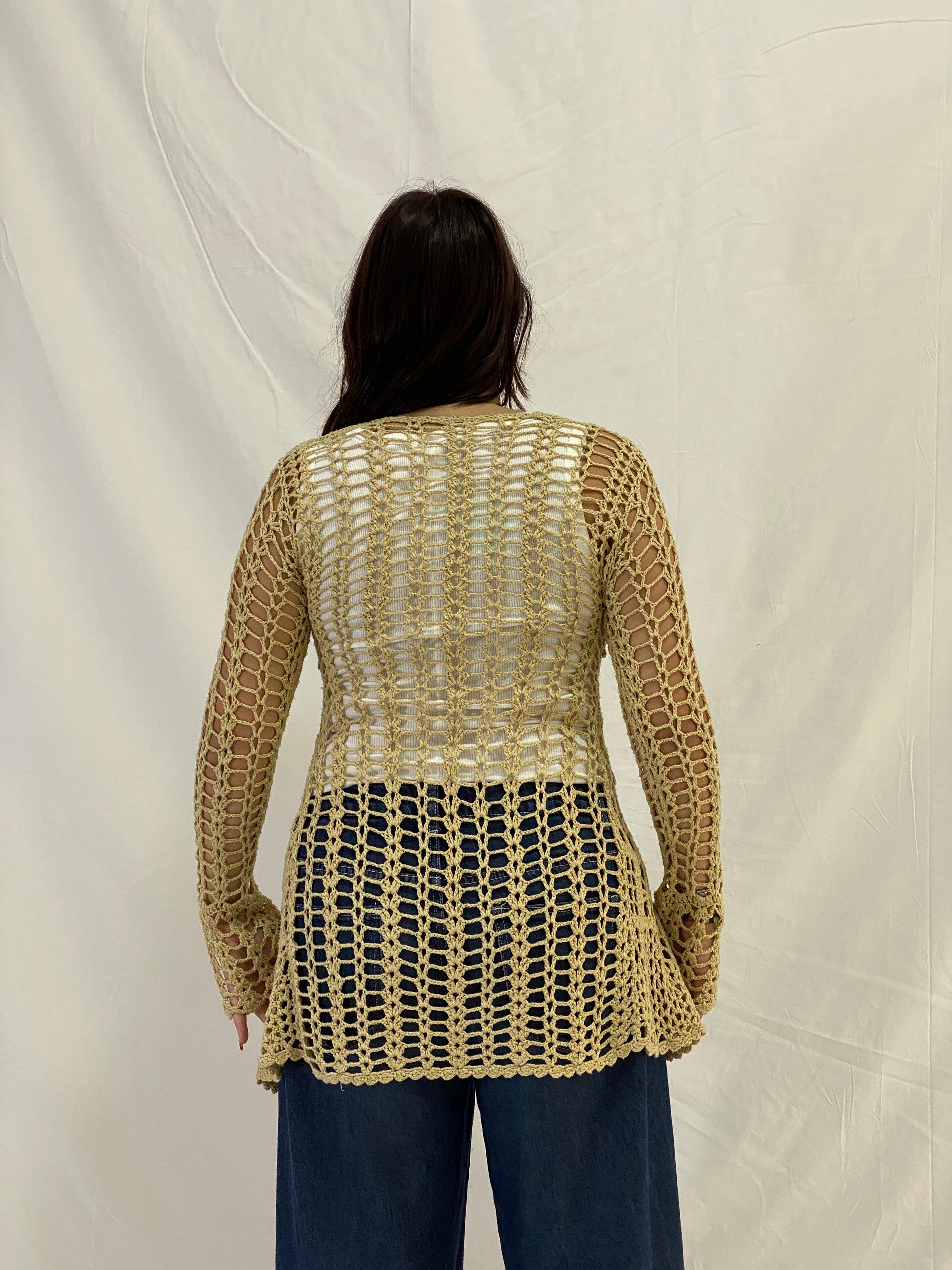 Vintage Beige Crochet Tie-Front Long Sleeve Open-Knit Cardigan – M