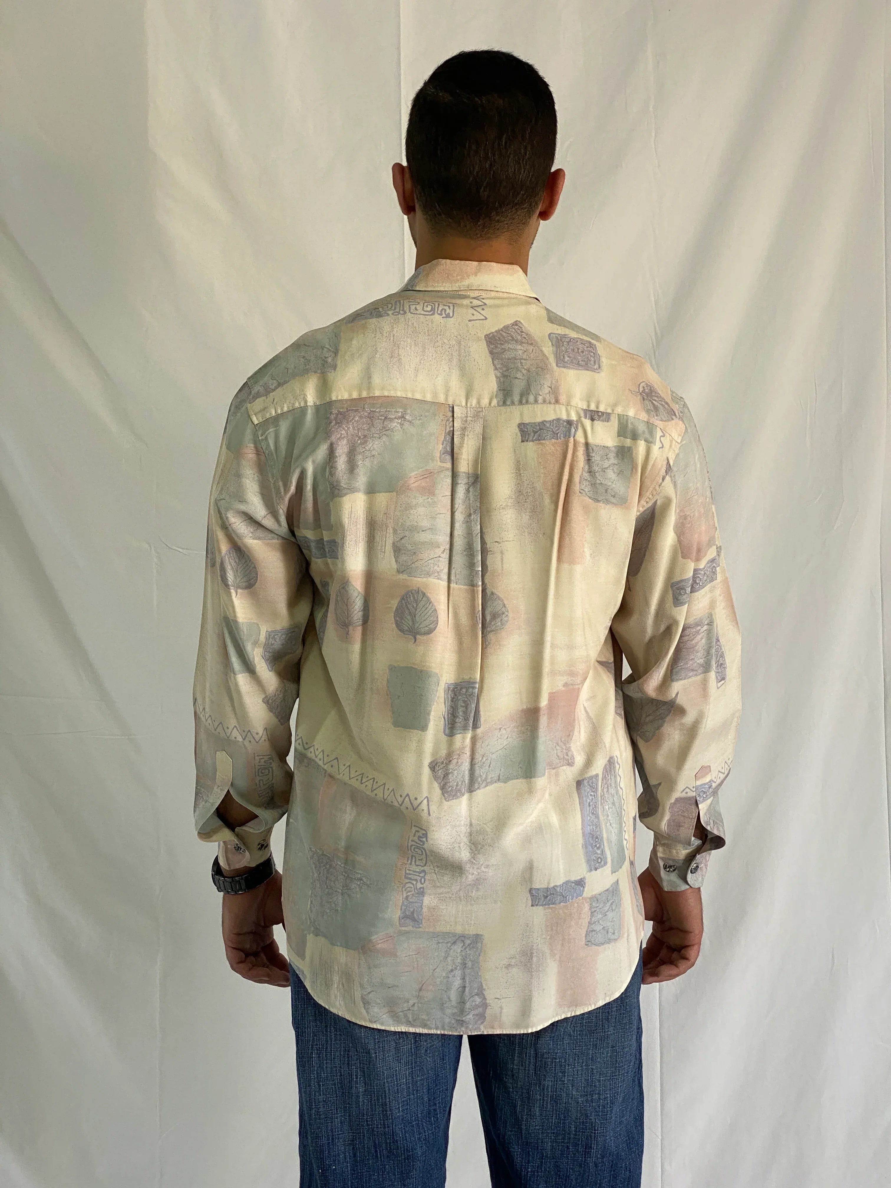 90s Club D'Amingo Beige Abstract Leaf Print Men's Shirt