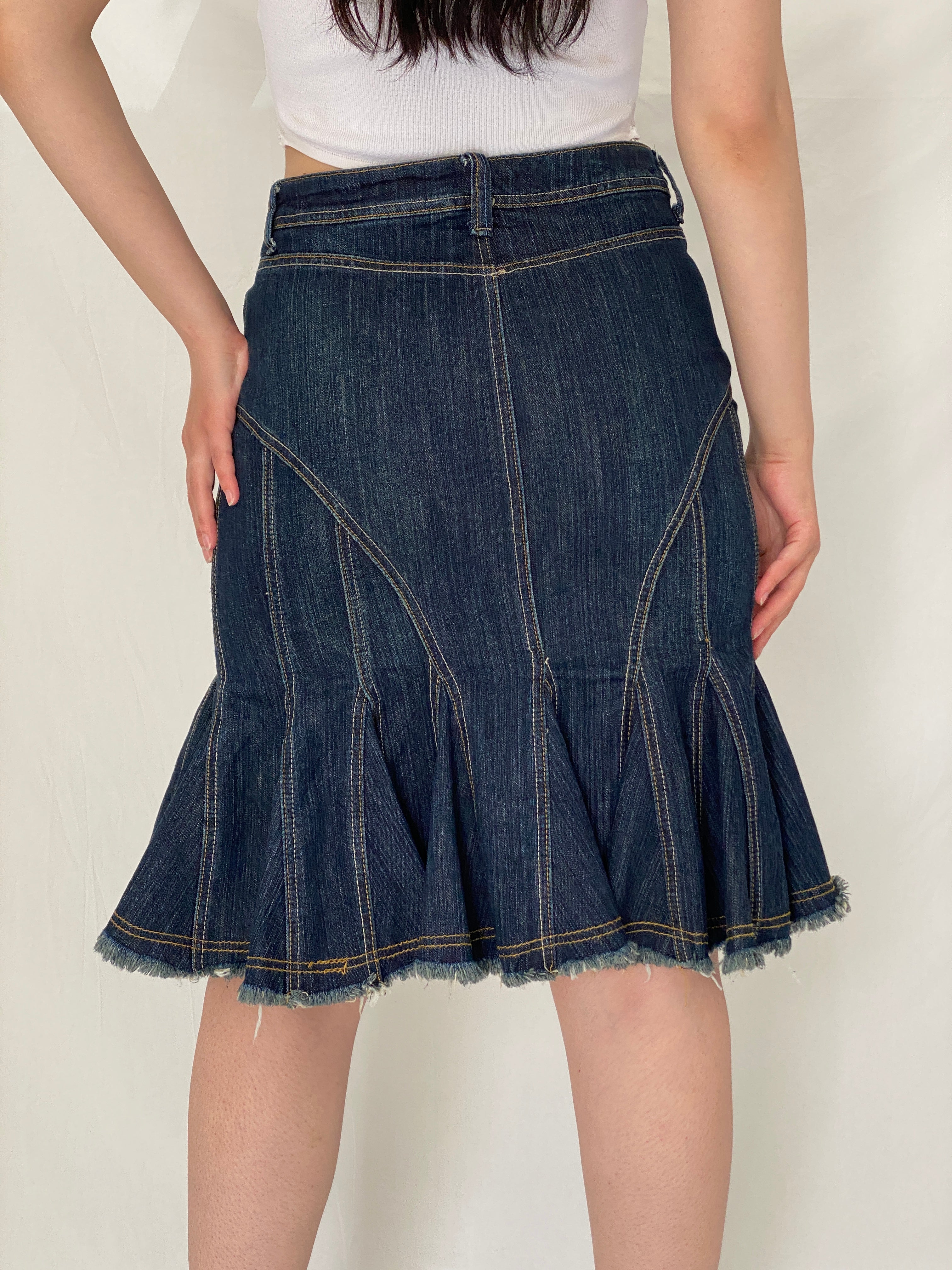 Y2K Jennyfer Dark Wash Ruffle Hem Denim Low Rise Flared Midi Skirt – S