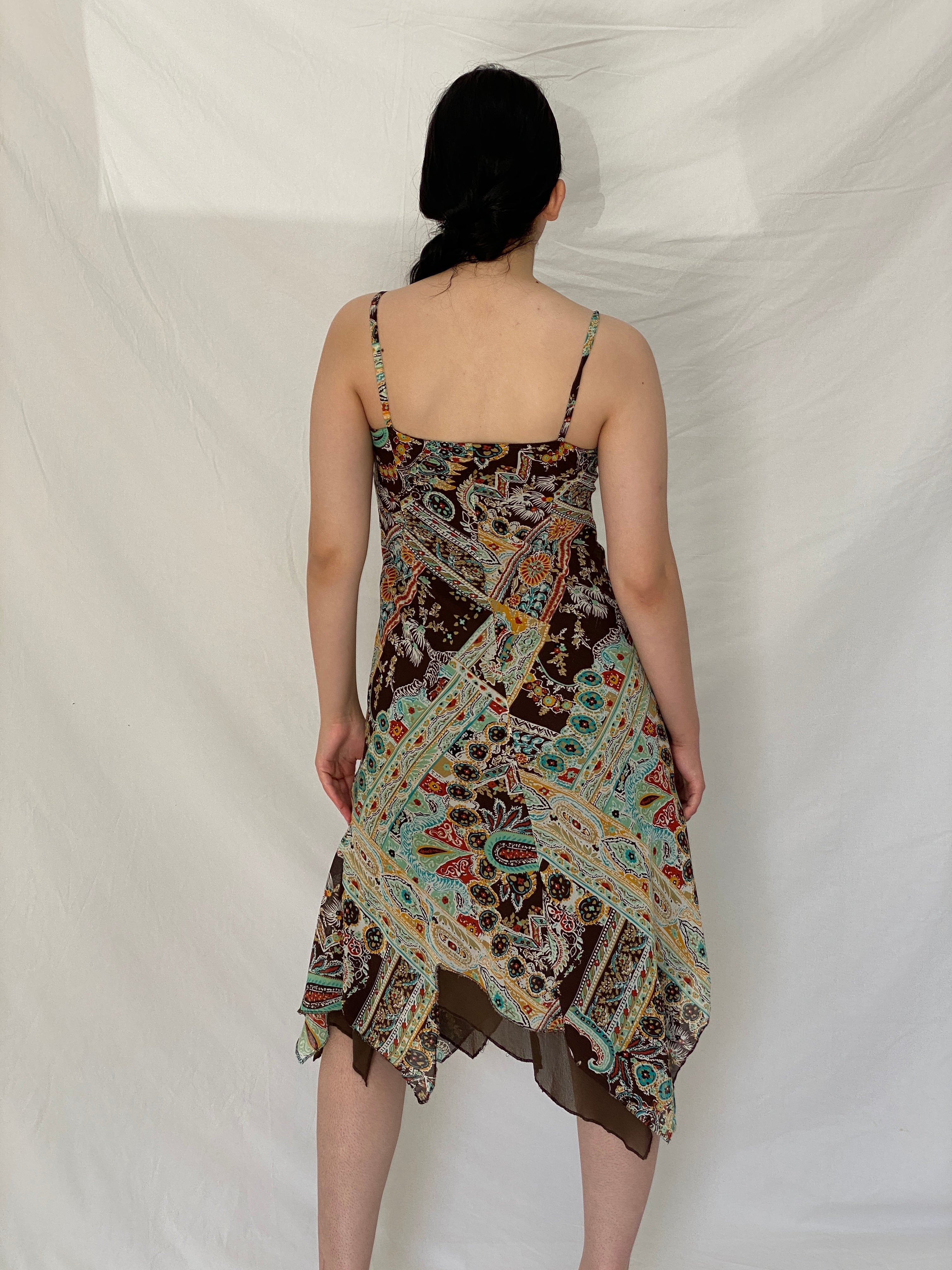 Vintage Y2K La City Brown Paisley Handkerchief Hem Slip Dress - S